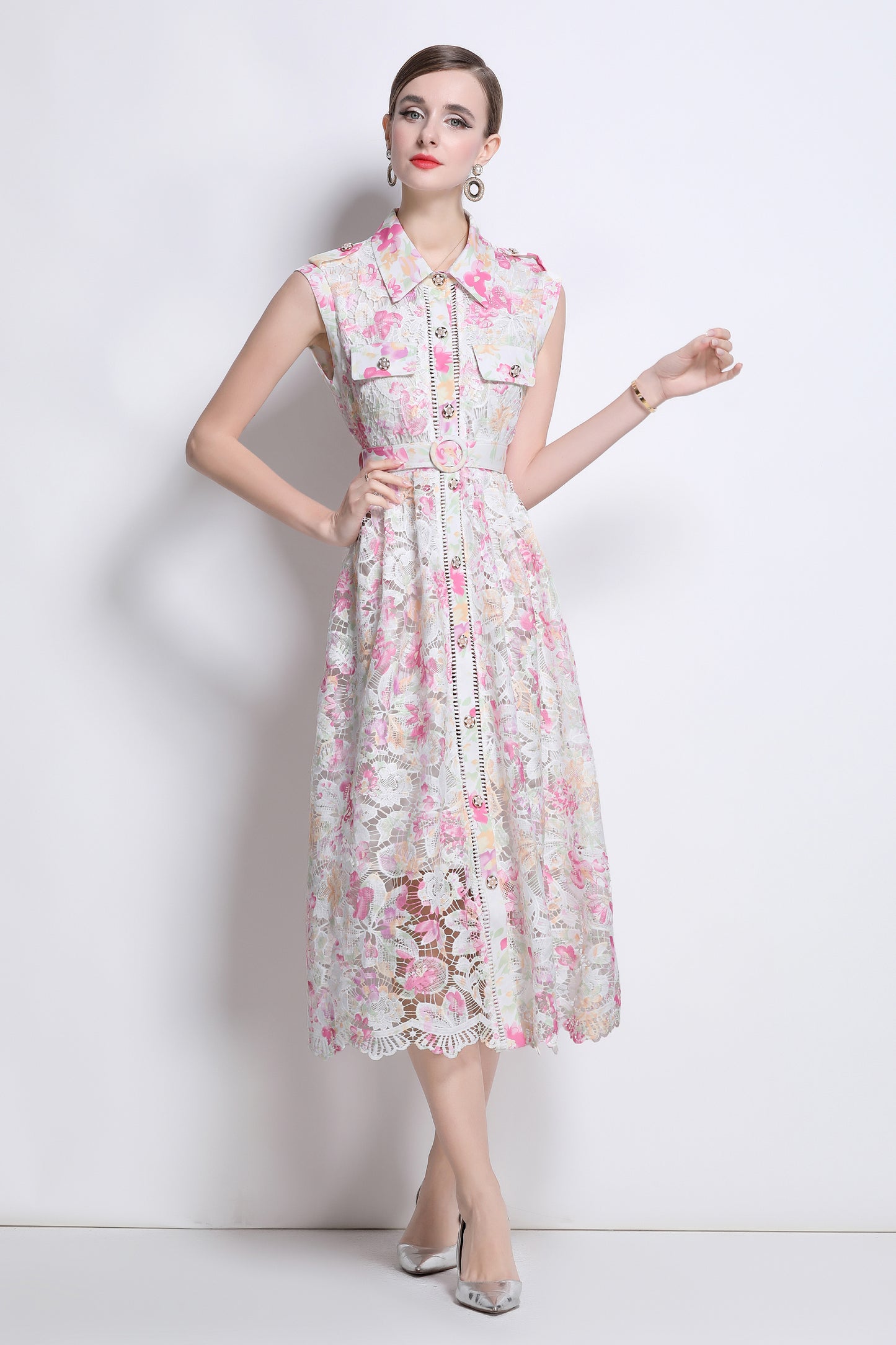 Women's Hollow Lace Print Sleeveless Midi Dress