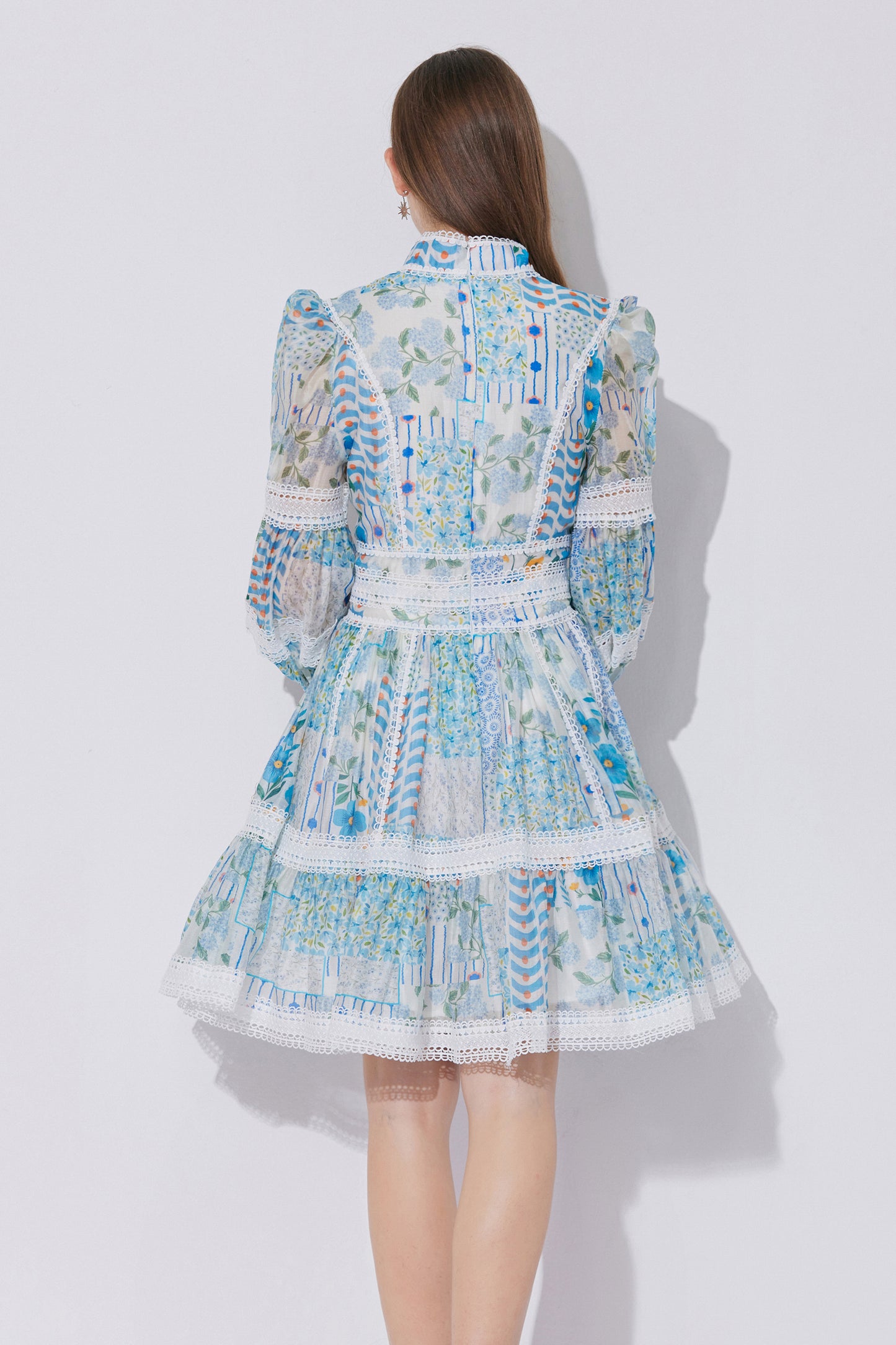 Women's Puff Sleeves Hollow Mesh Mini Dress