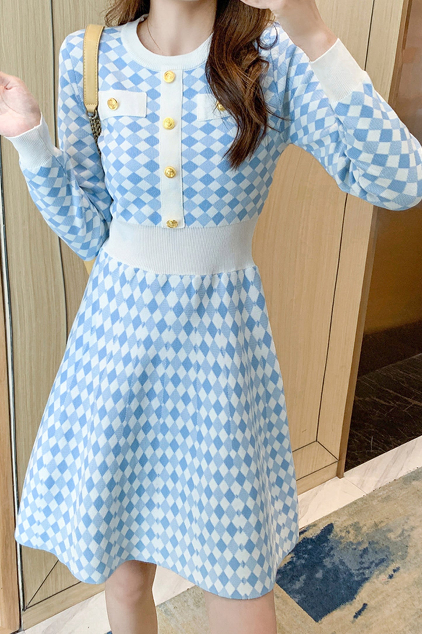 Knit Plaid Pullover Sweater Mini Dress - LAI MENG FIVE CATS