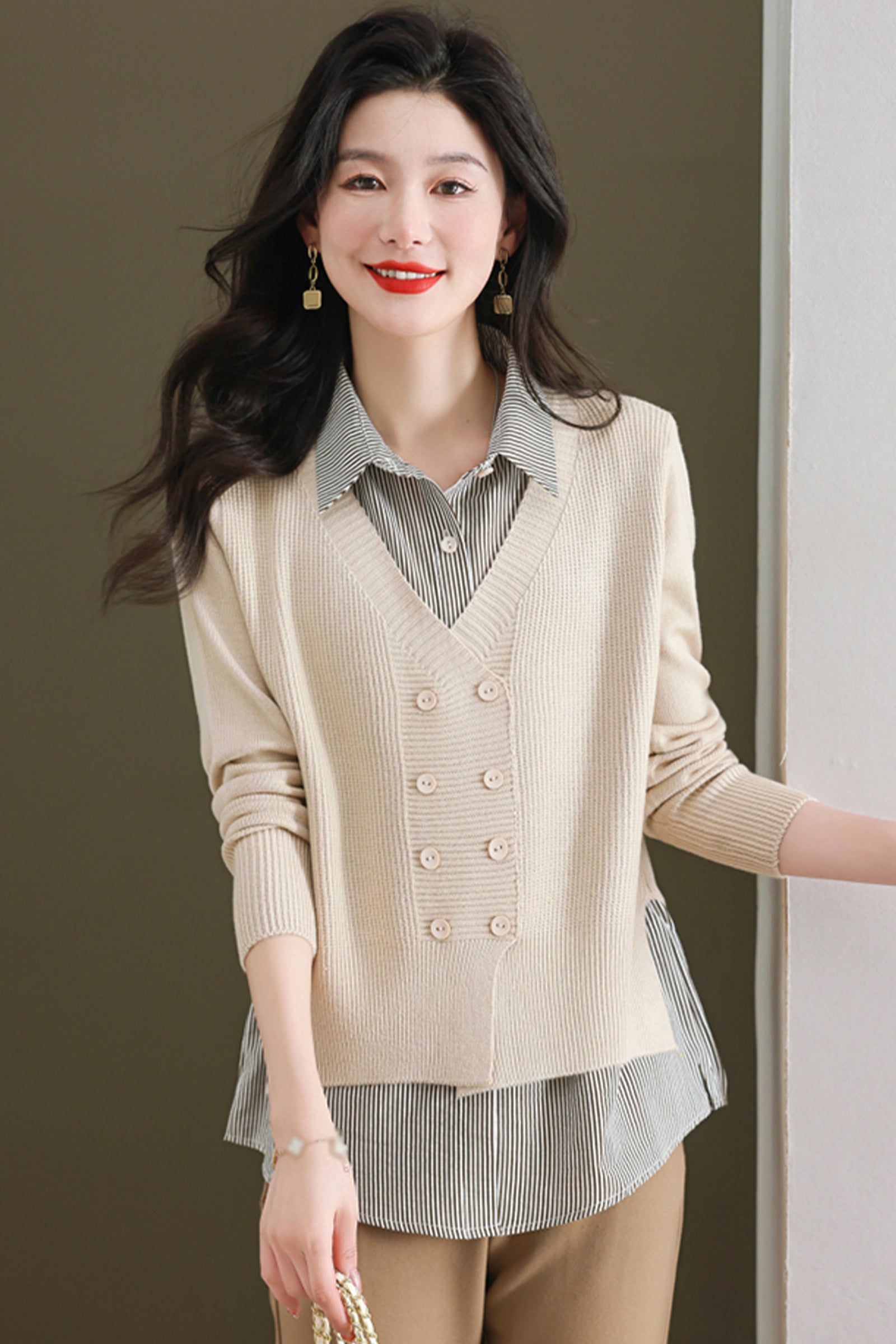 Women's Casual Patchwork Shirt Collar Long Sleeve Cotton Pullover Tops - LAI MENG FIVE CATS