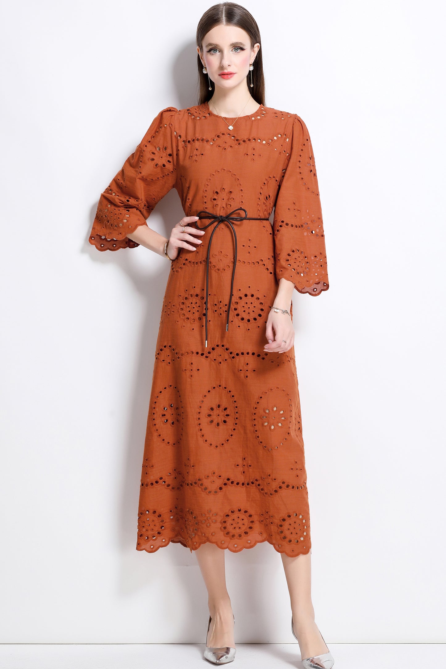 Women's Hollow 3/4 Flare Sleeve Midi Dress