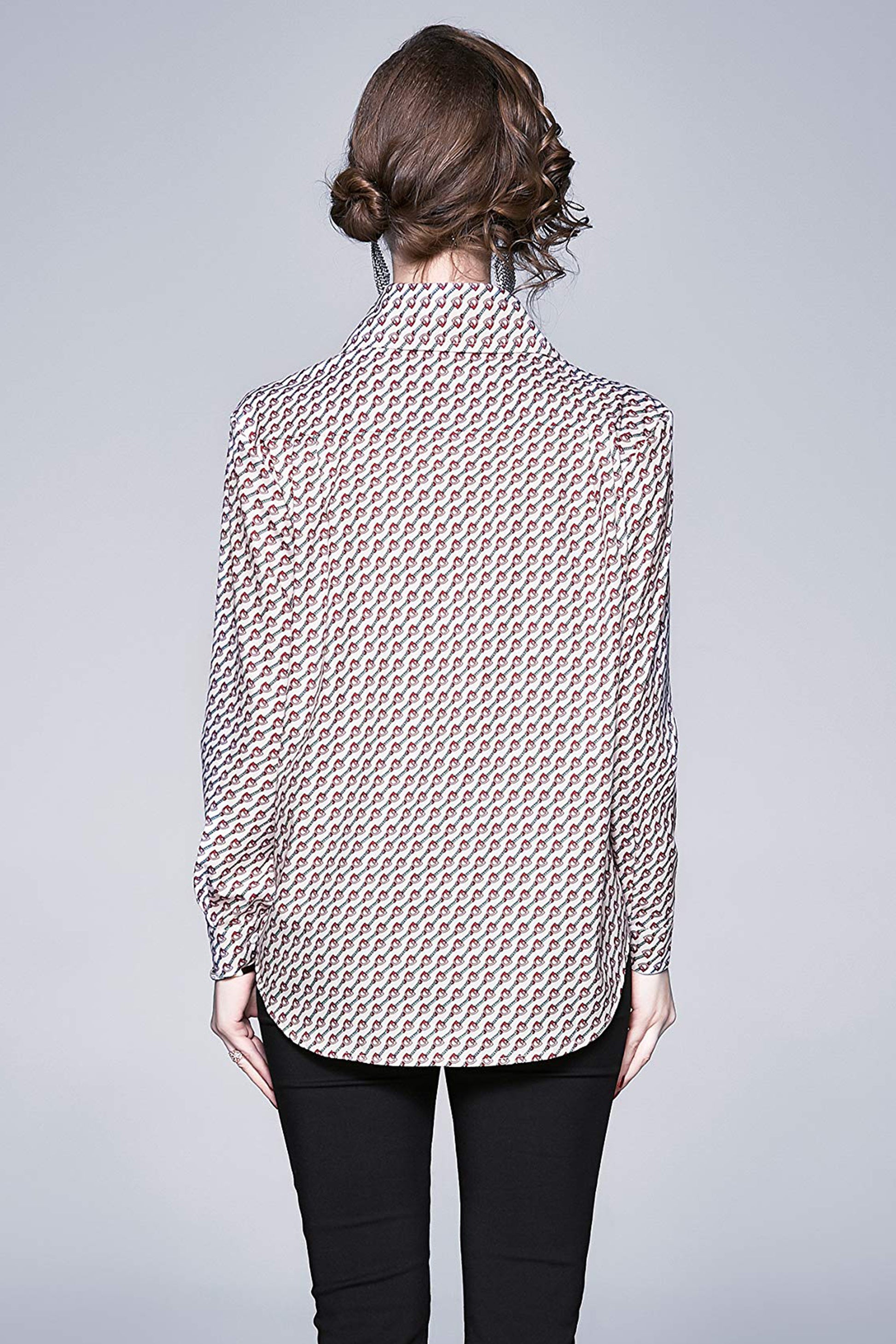 BK-Tie Neck Print Long Sleeve Blouse Top - LAI MENG FIVE CATS