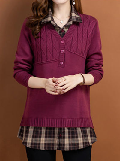 Women's V Neck Plaid Layered Look Knit Pullover Tops