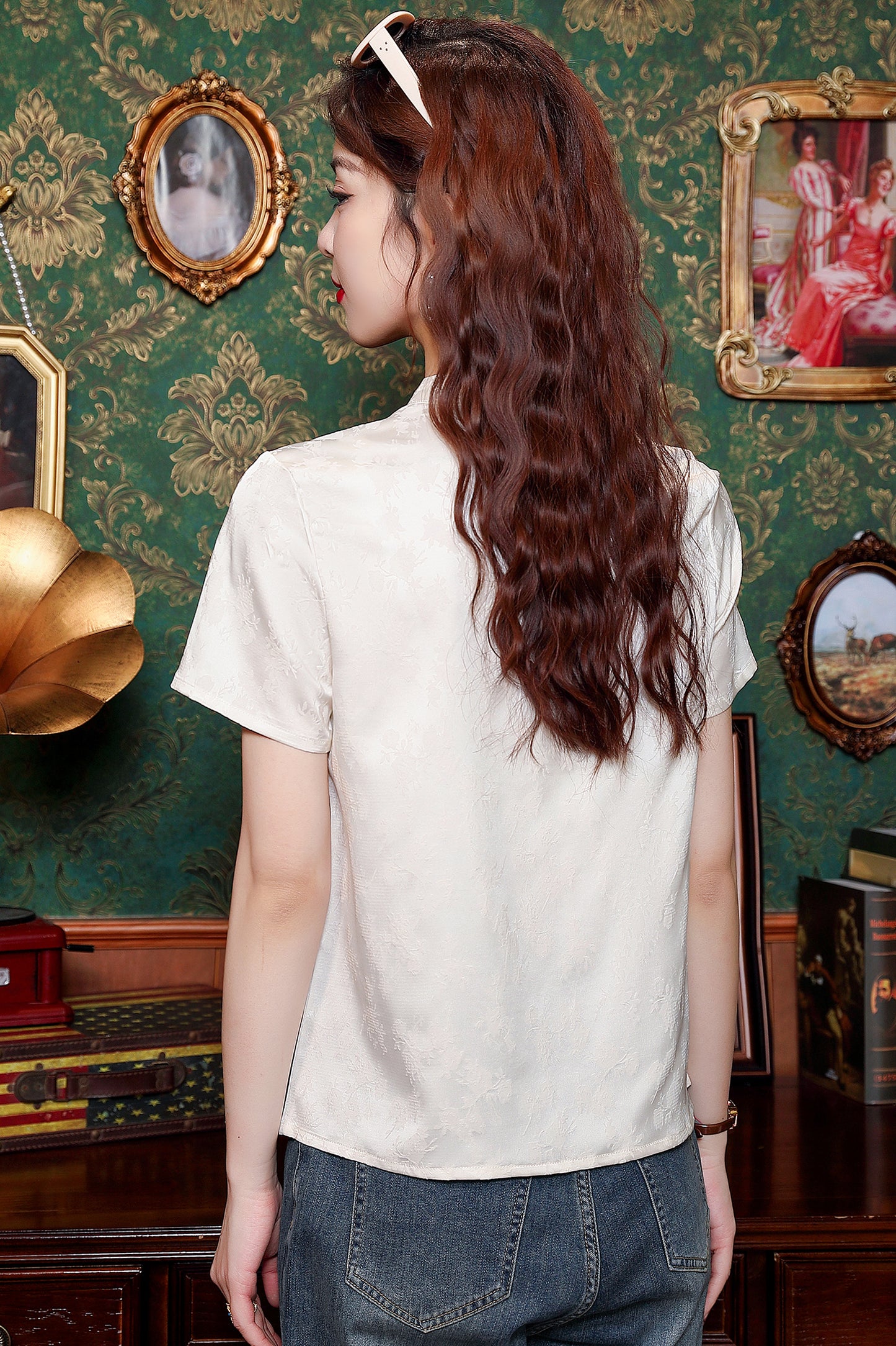 Women's Silk Satin Tops Button Jacquard Blouse