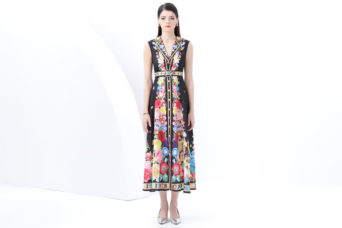 Women's Floral Print Sleeveless V Neck Maxi Dress