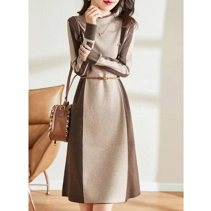 Women's Long Sleeve Sweater Knit Color Block Dress
