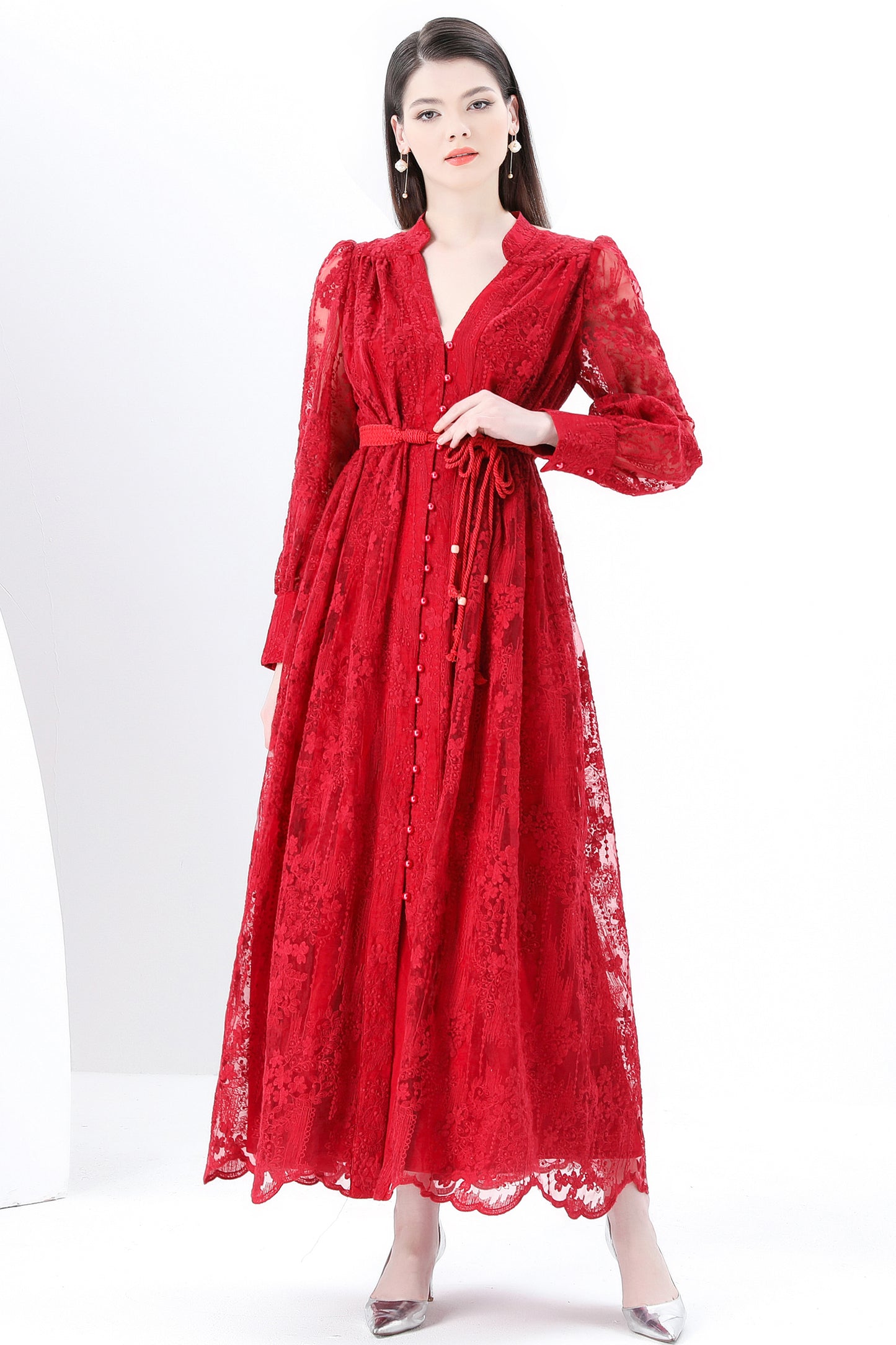 Women's V-Neck Lace Lantern Sleeve Mesh Maxi Dress