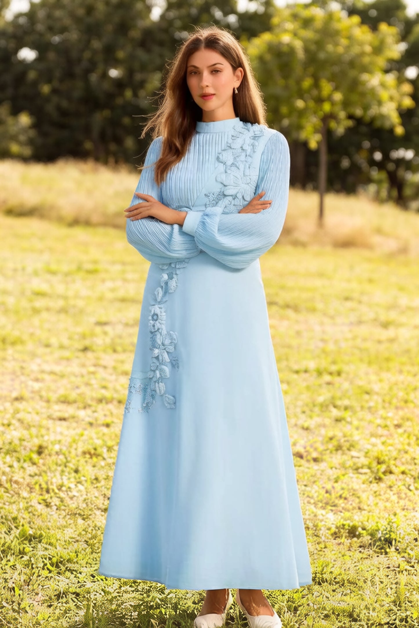 Romantic 3D Flower Lantern Sleeve Maxi Evening Formal Dress - LAI MENG FIVE CATS