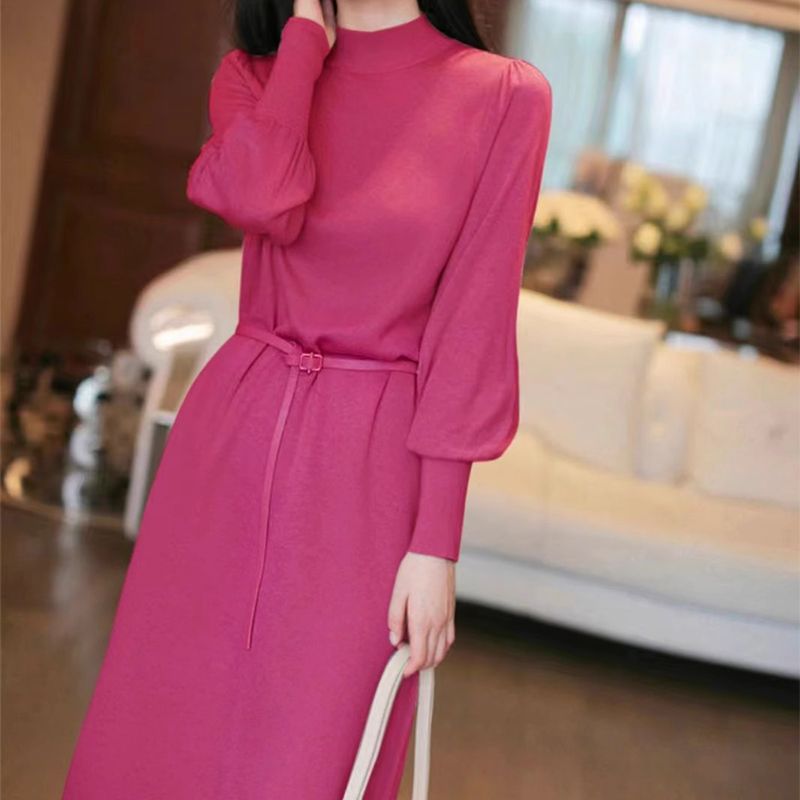 Elegant Mock Neck Knit Midi Dress: Lantern Sleeves & Belted Waist