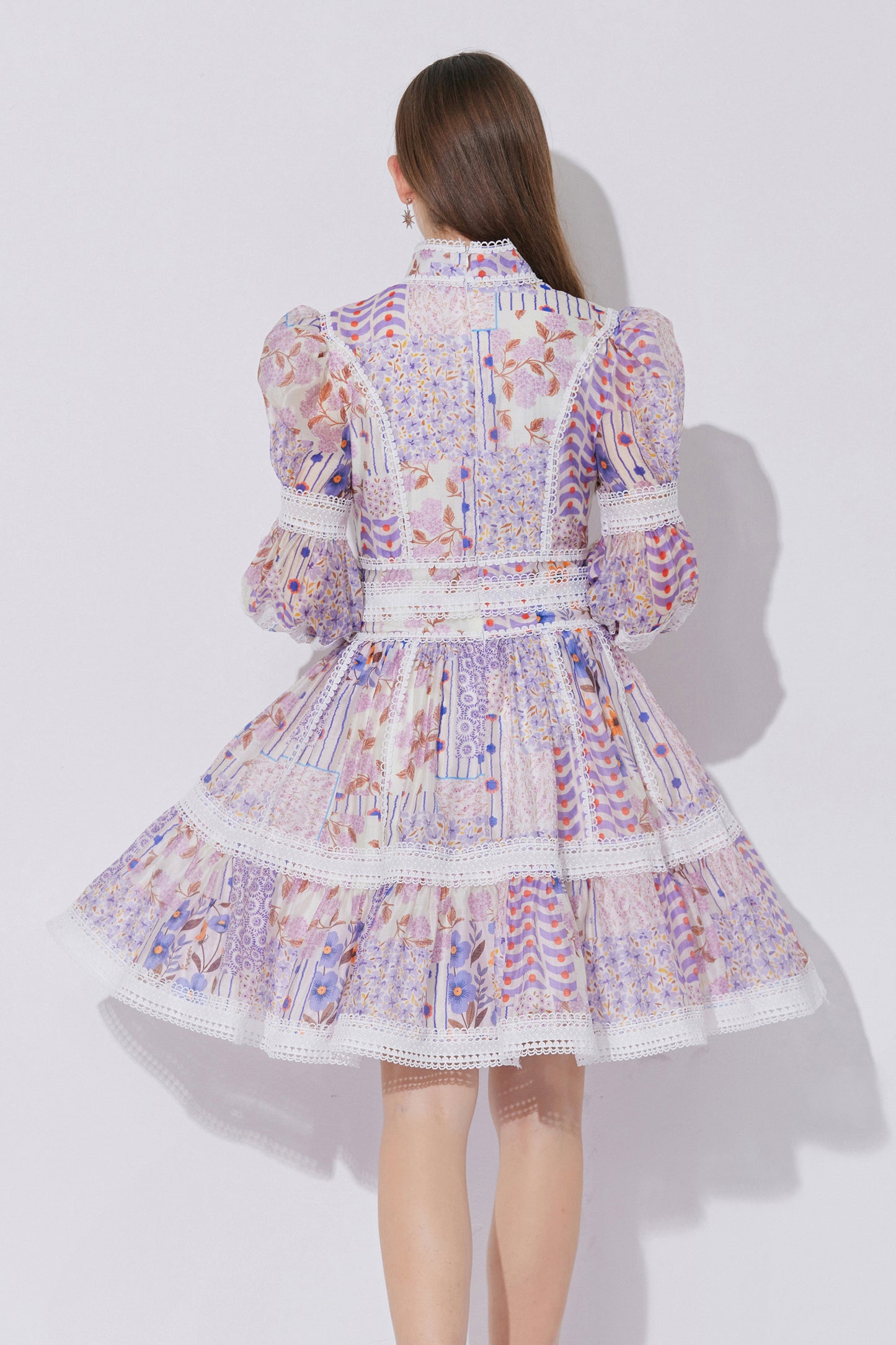 Women's Puff Sleeves Hollow Mesh Mini Dress