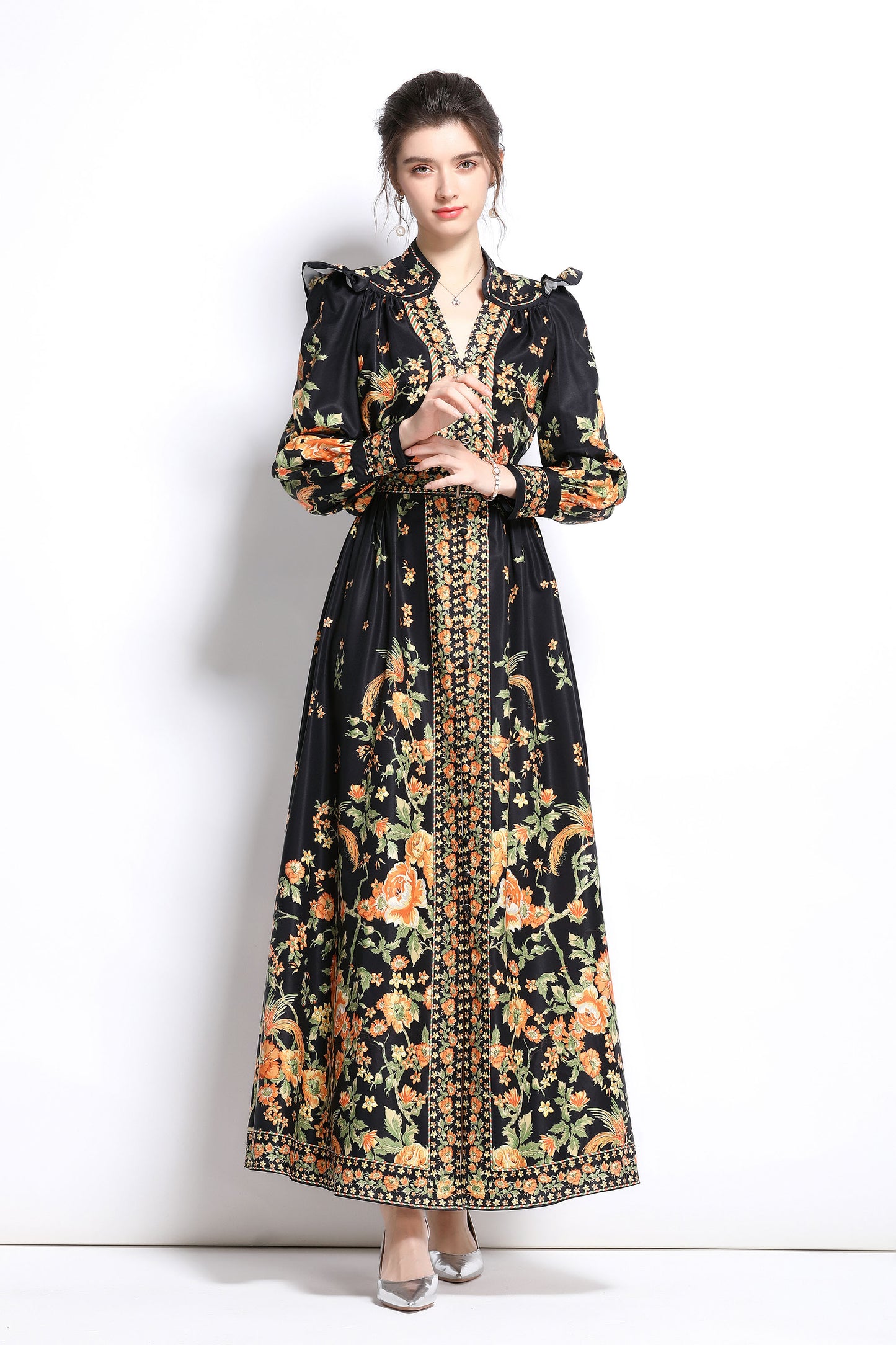 Women's Vintage Floral Print V Neck Button Front Maxi Dress - LAI MENG FIVE CATS