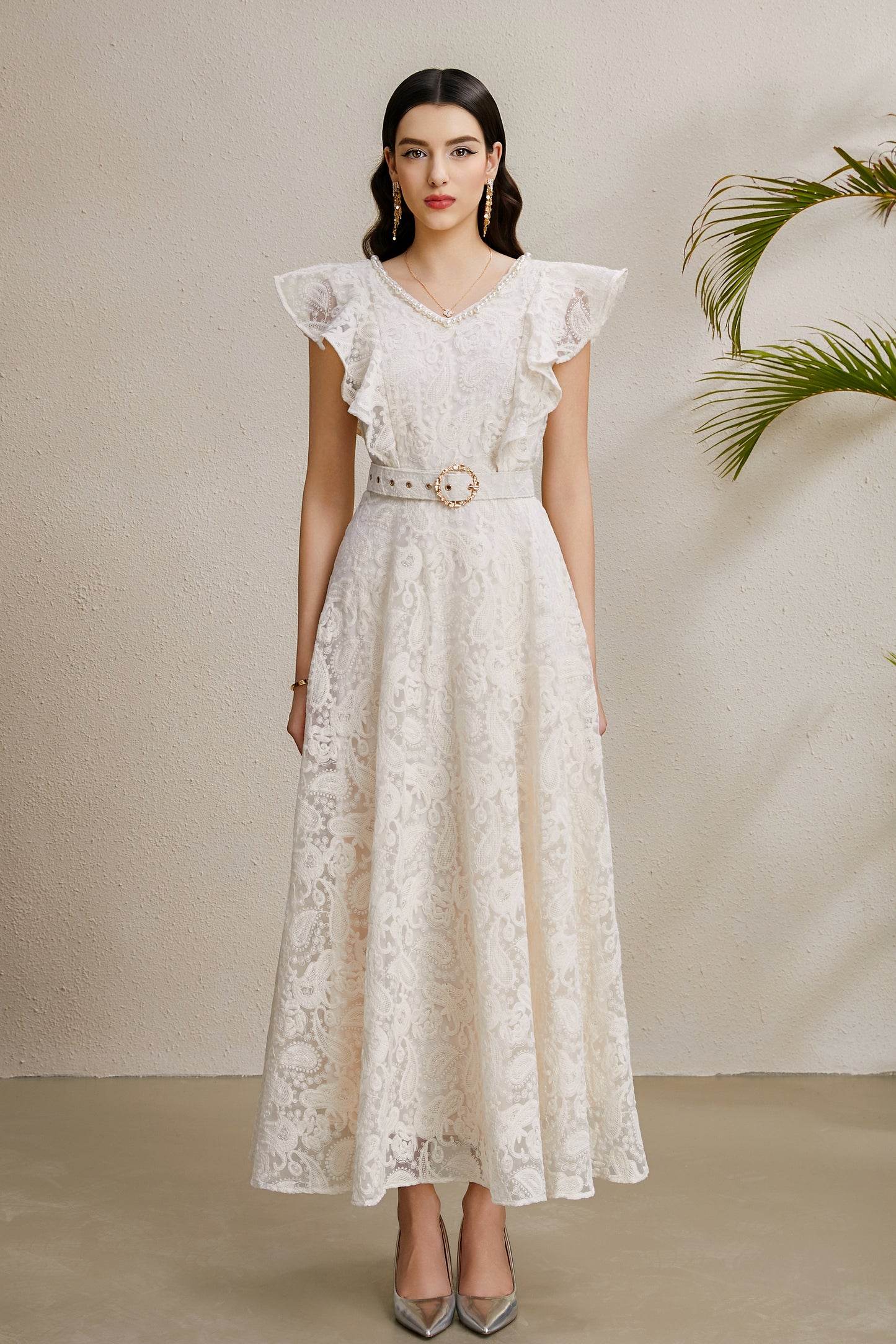 Women's Pearl V-Neck Lace Sleeveless Ruffled Sleeves Maxi Dress