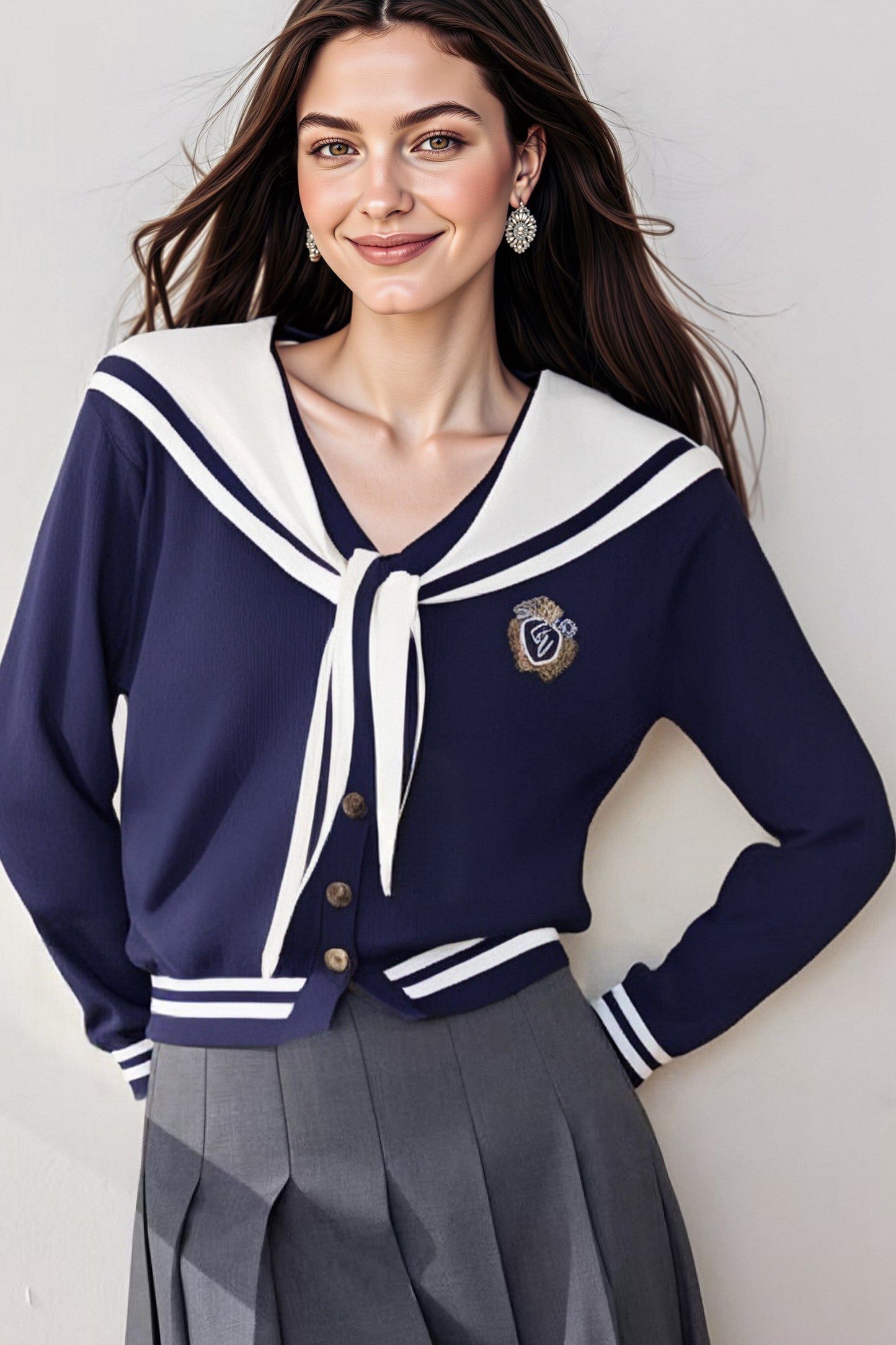 Women's Sailor Collar Long Sleeve Stripe Cardigan Sweater