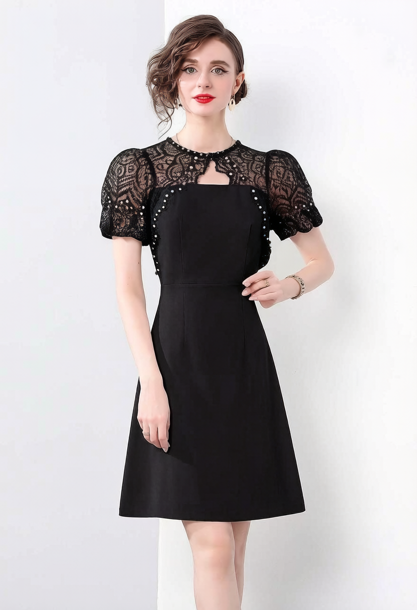 Black Lace Beaded Mini Dress – Elegant Puff Sleeve Cocktail Dress