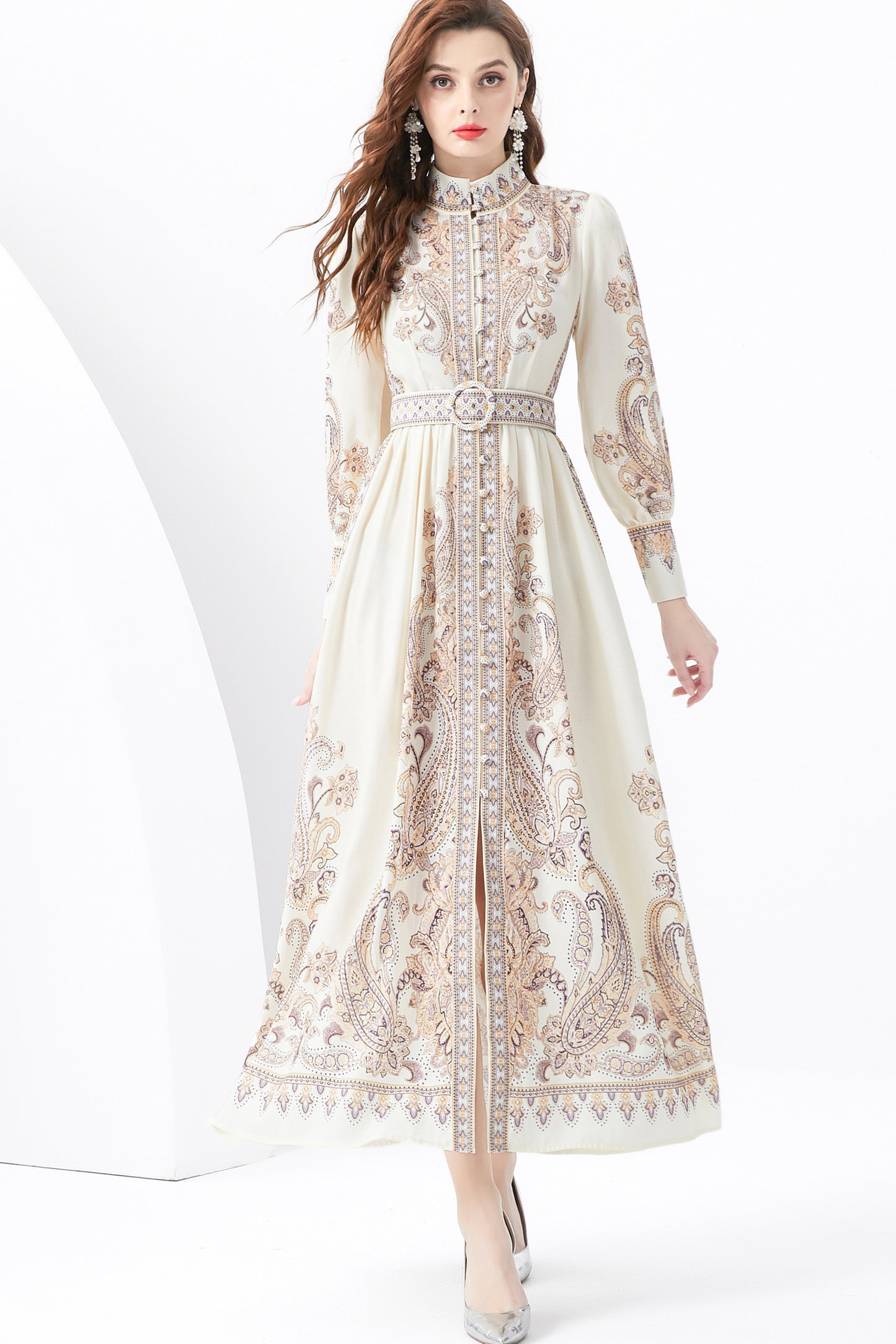 Women Vintage Floral Print Button Up Split Maxi Dress