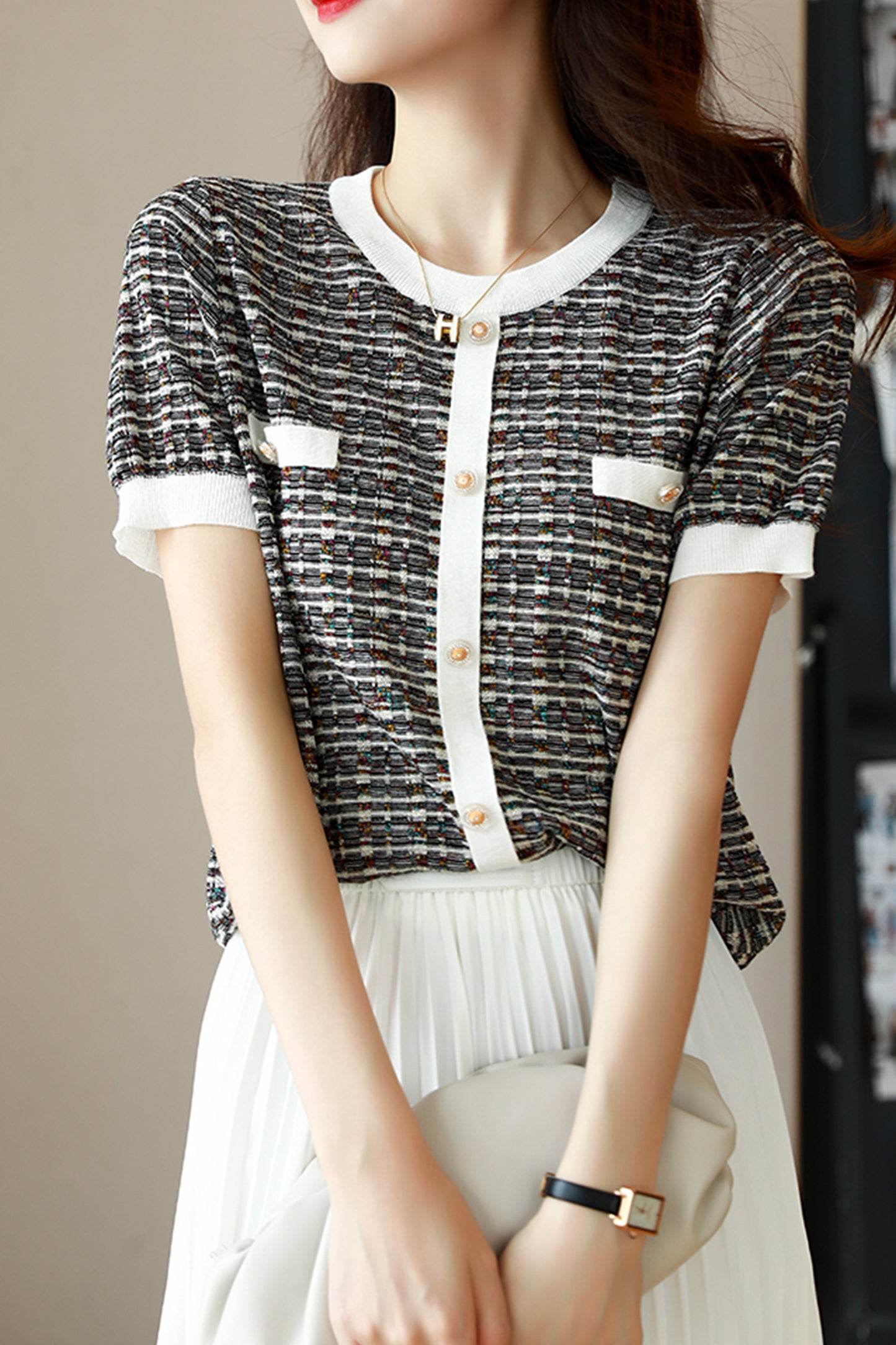 Women's Color Block Thin Knitted Sweater Shirt