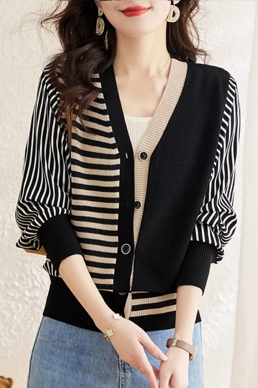 Striped Cardigan Patchwork Button Outerwear - LAI MENG FIVE CATS