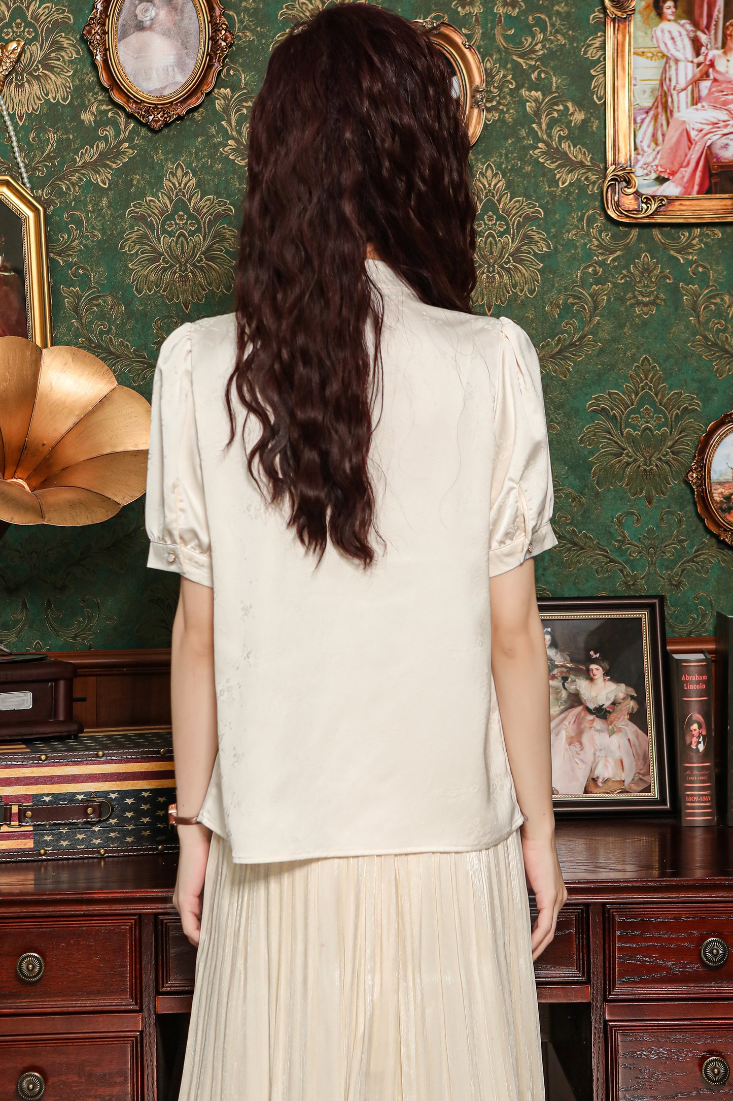 Women's Silk Satin Embroidery Jacquard Blouse Tops