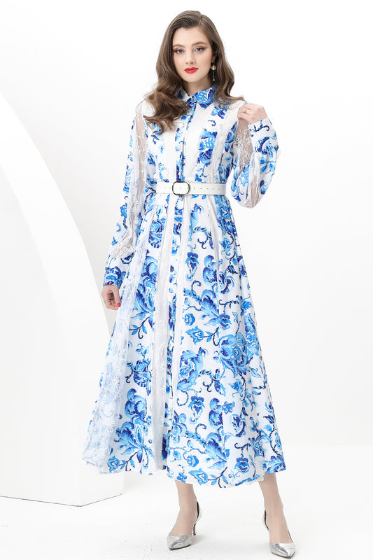 Women's Floral Print Lace Puff Sleeve Maxi Dresses