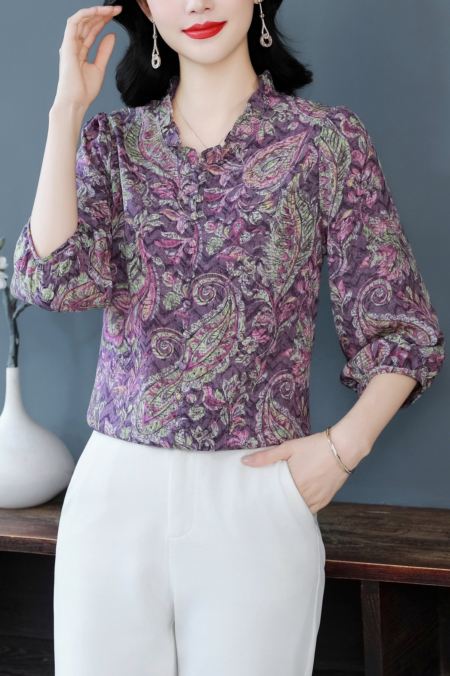Women's  Floral Print Ruffle Puff Sleeve Blouses Top