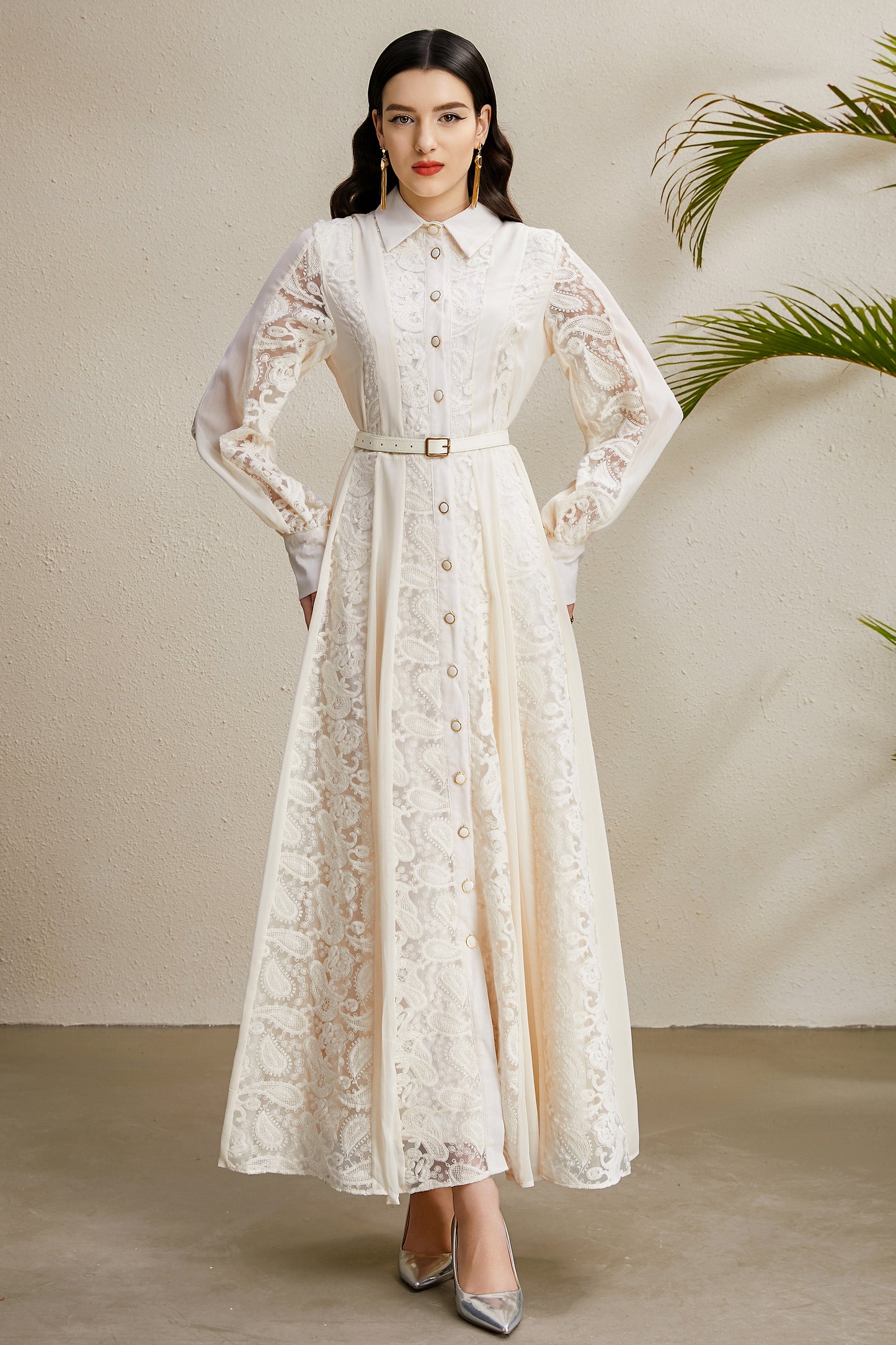 Women's Floral Print Lace Puff Sleeve Maxi Dress