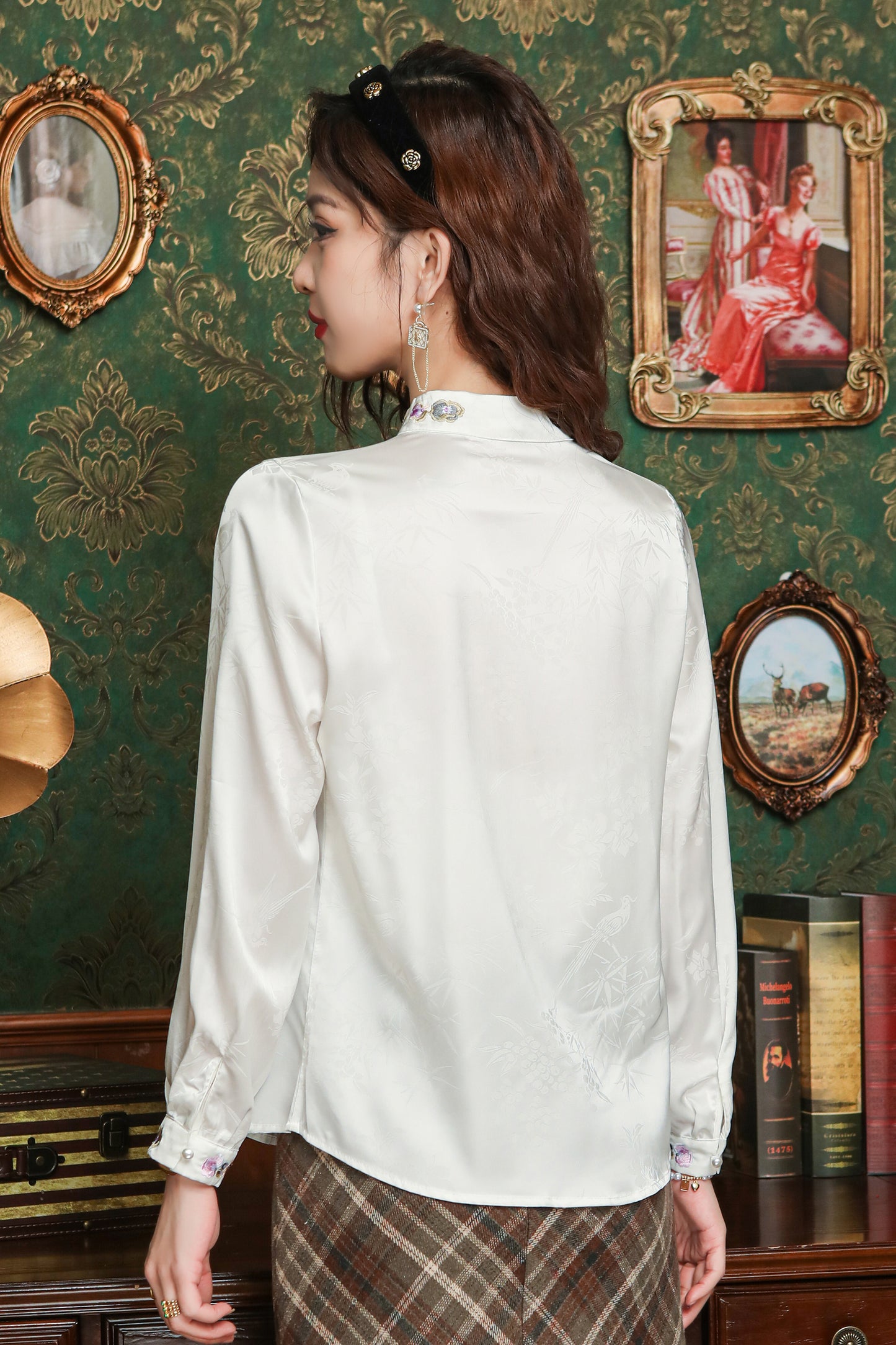 Women's Silk Satin Embroidery Jacquard Blouse Top