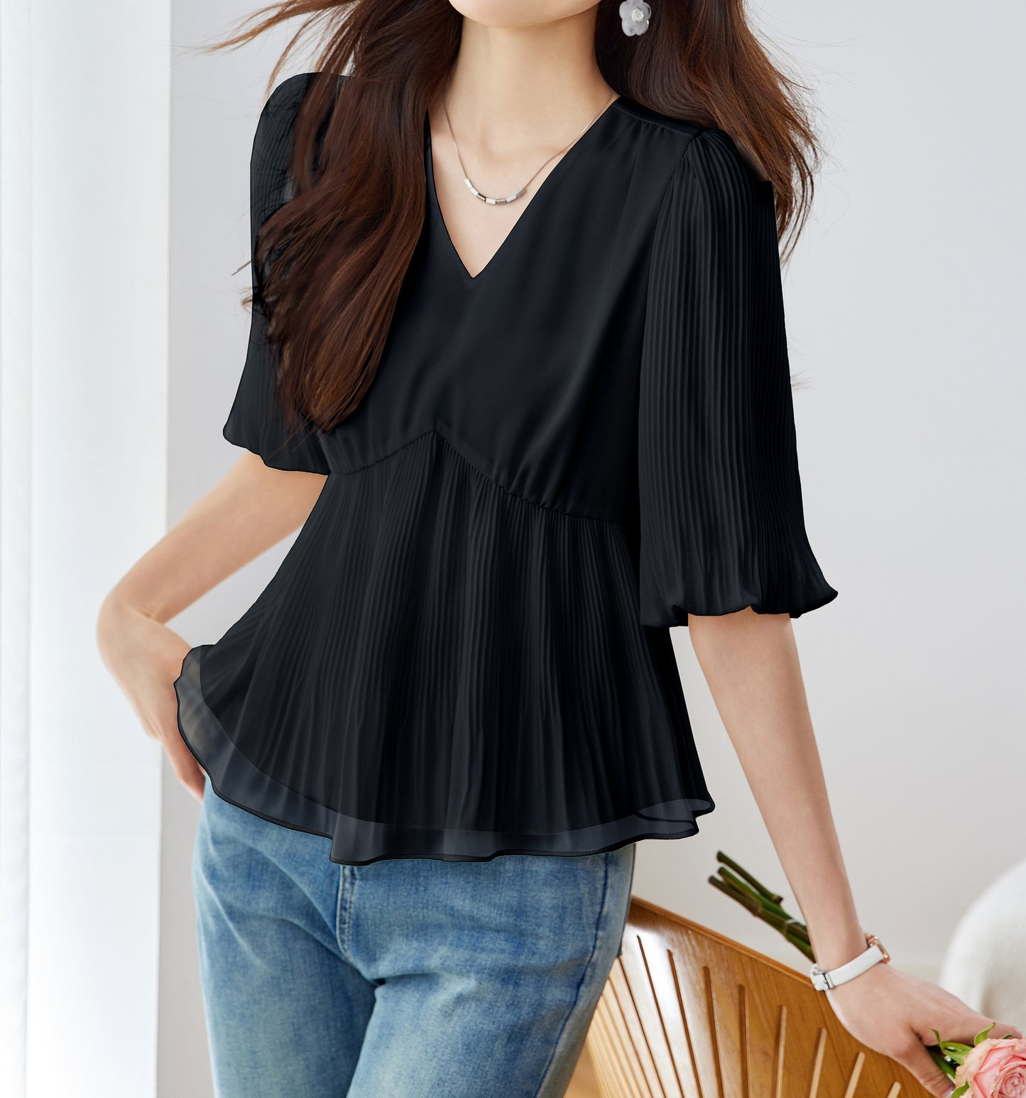 Lightweight Pleated V-Neck Blouse