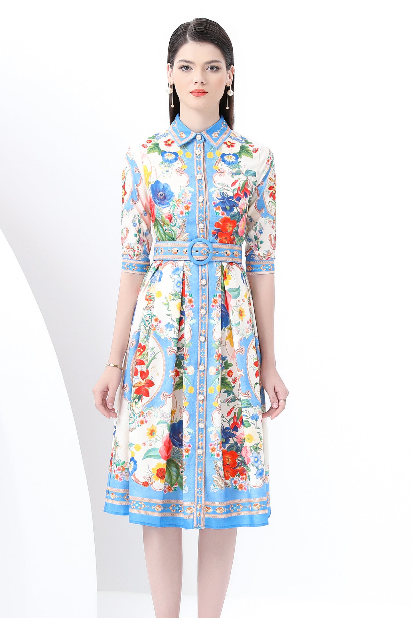 Women's Print Button Collar Short Sleeve Midi Dress