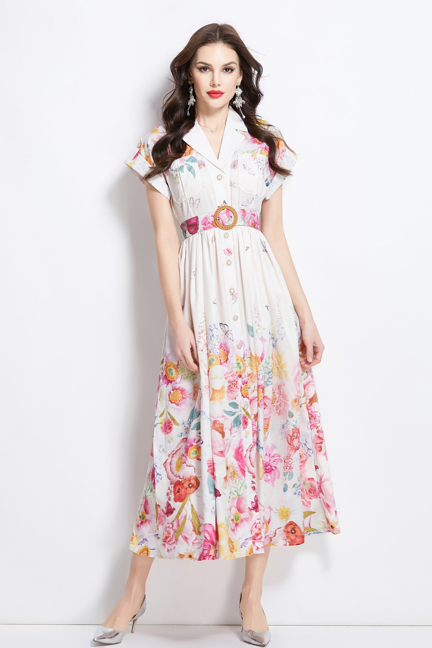 Women's Lapel V-Neck Floral Print Maxi Dress