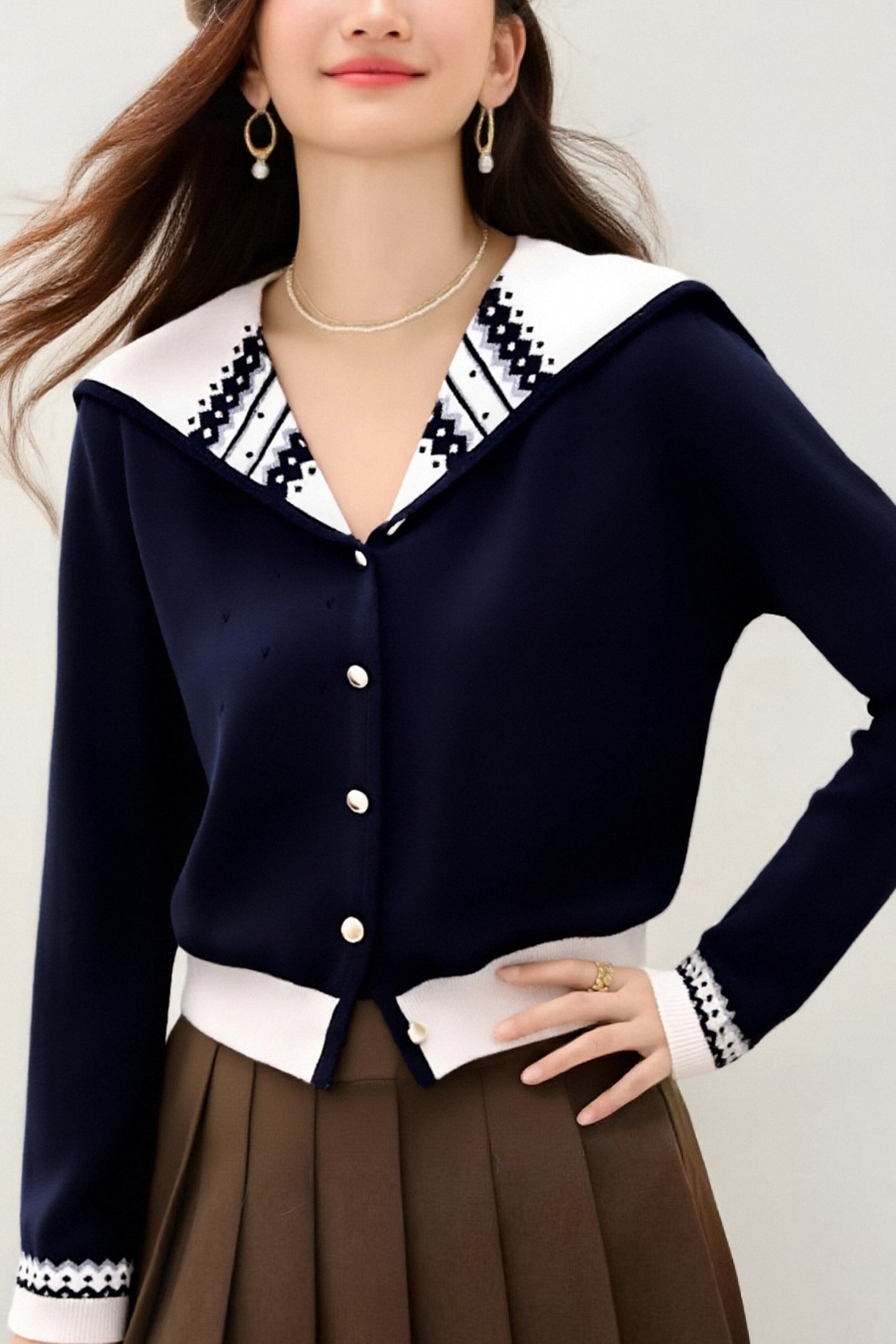 Women's Sailor Collar Long Sleeve Stripe Cardigan Sweater