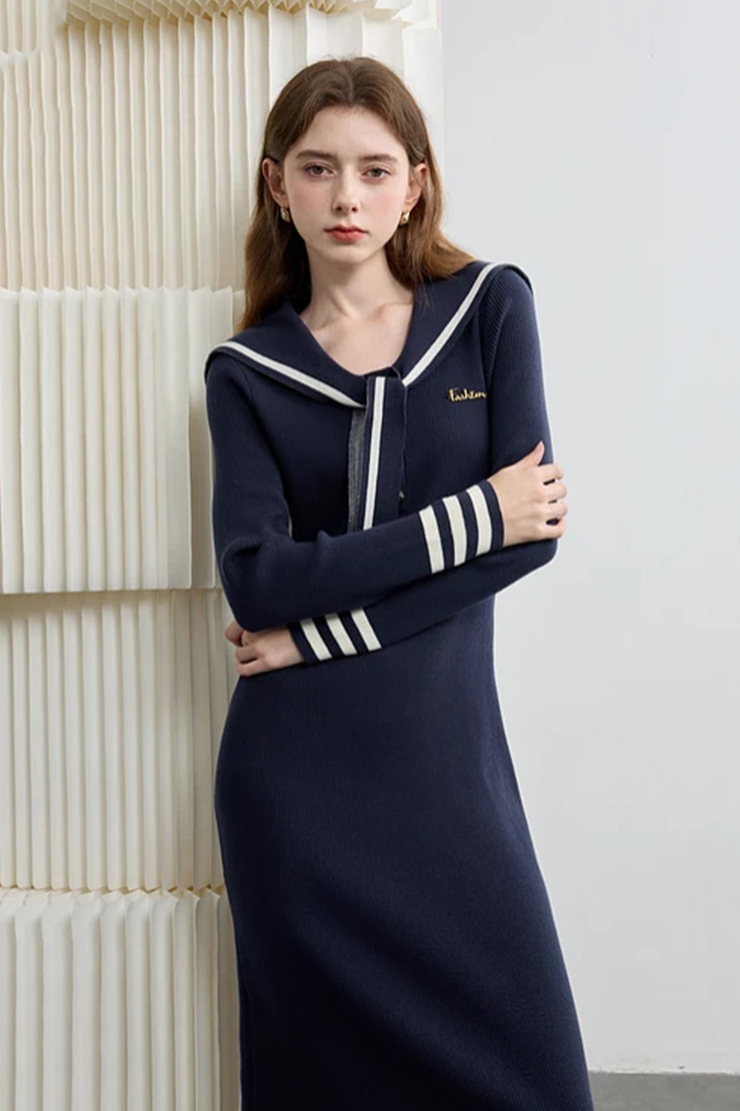 Women's V-Neck Sailor Stripe Sweater Knit Midi Dress