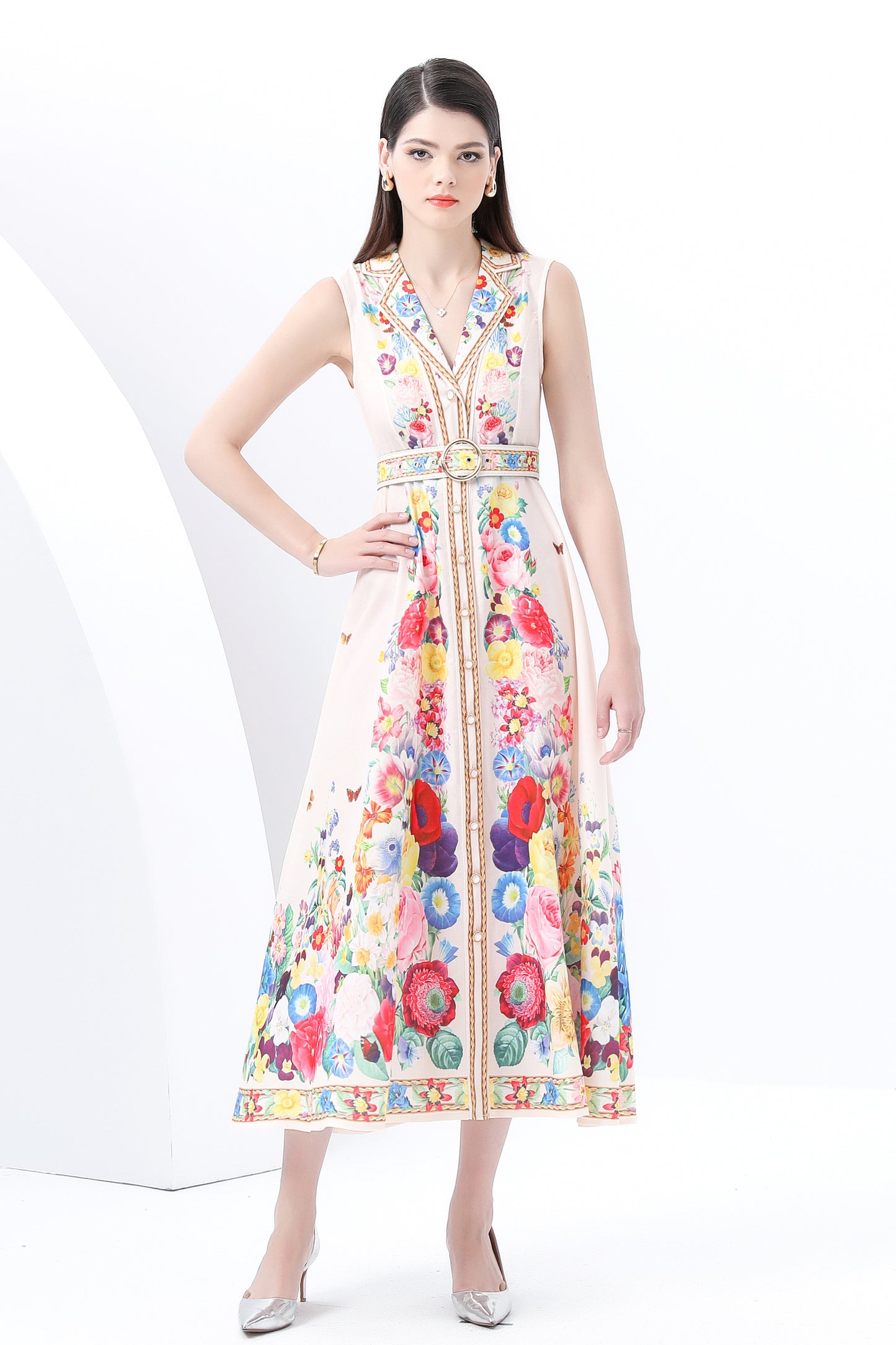 Women's Floral Print Sleeveless V Neck Maxi Dress