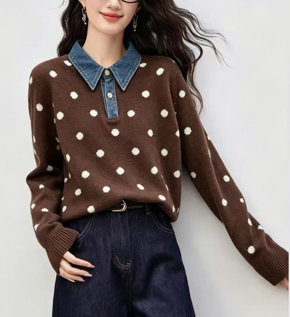 Polka Dot Knit Top with Denim Collar