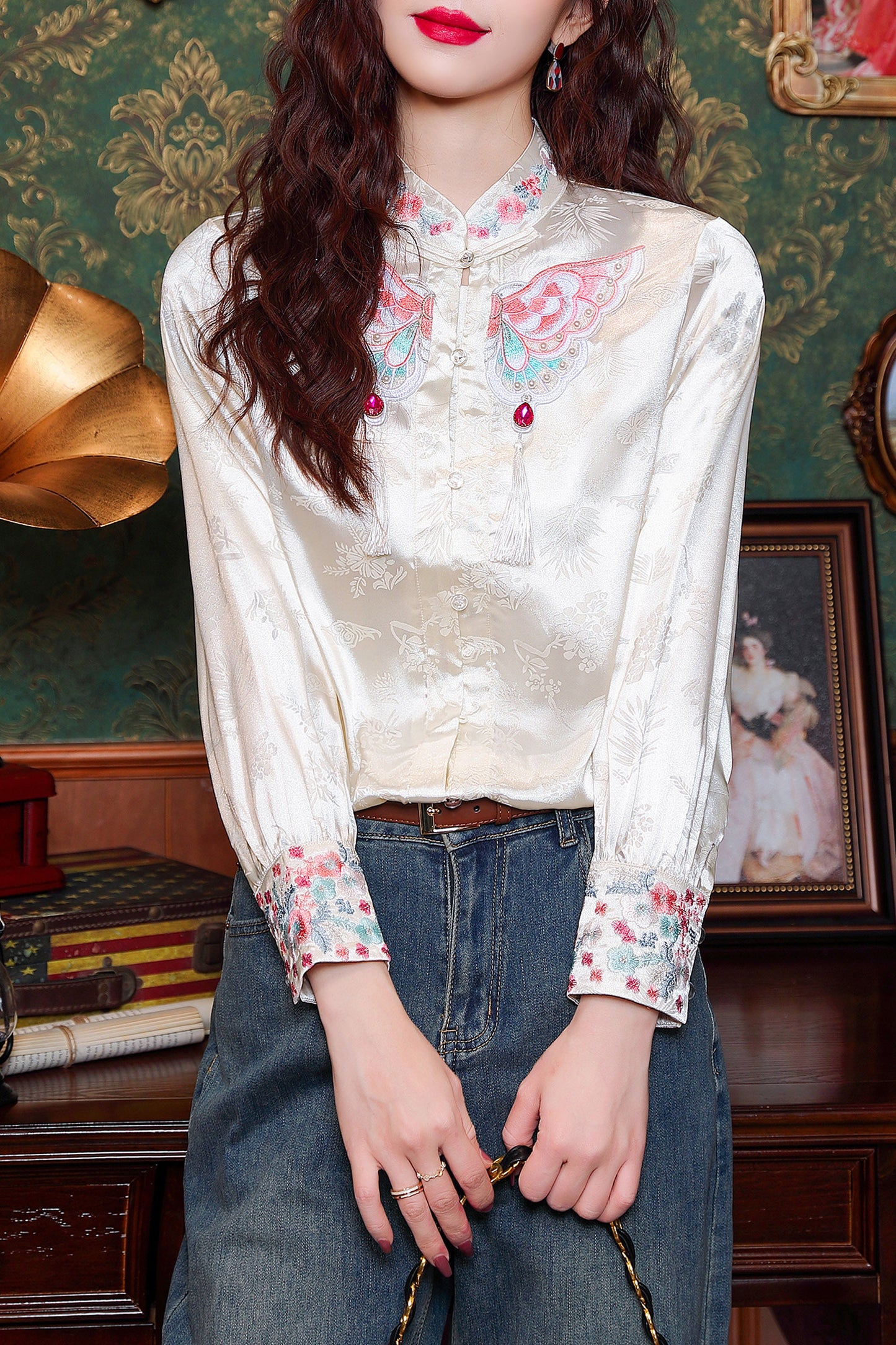 Women's Vintage chinese Silk Satin Top Embroidery Jacquard Blouses - LAI MENG FIVE CATS