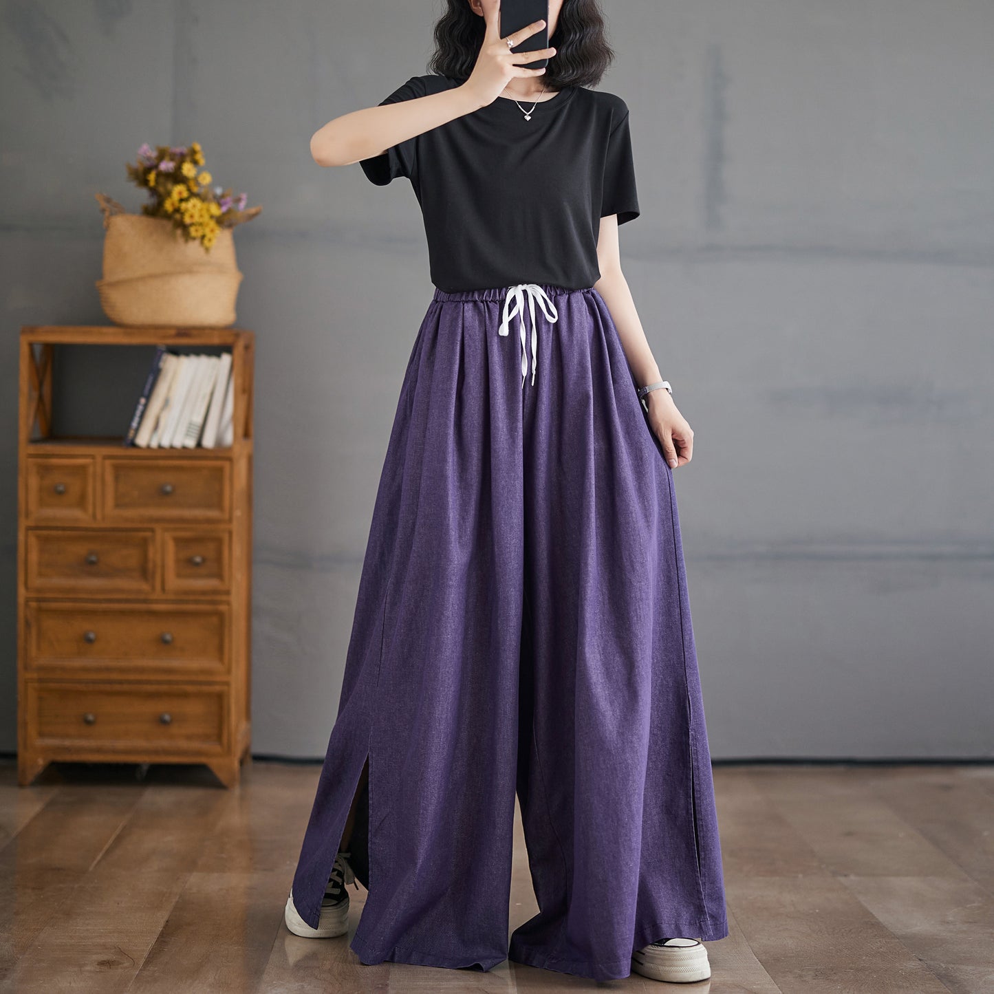 Women's Waisted Drawstring Side Slit Wide Leg Pants