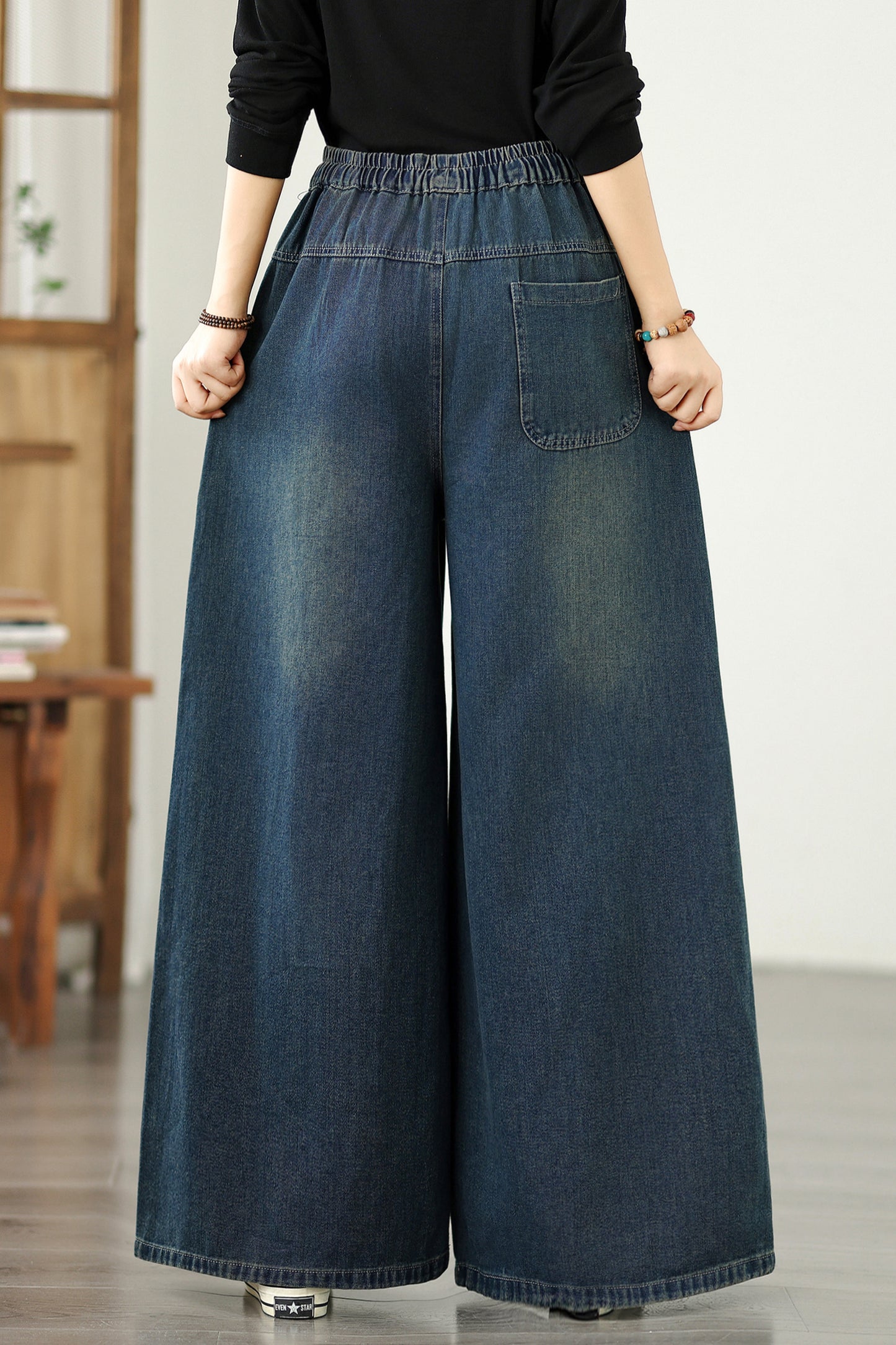 Women's Baggy Jeans Embroidery Drawstring Waist Wide Leg