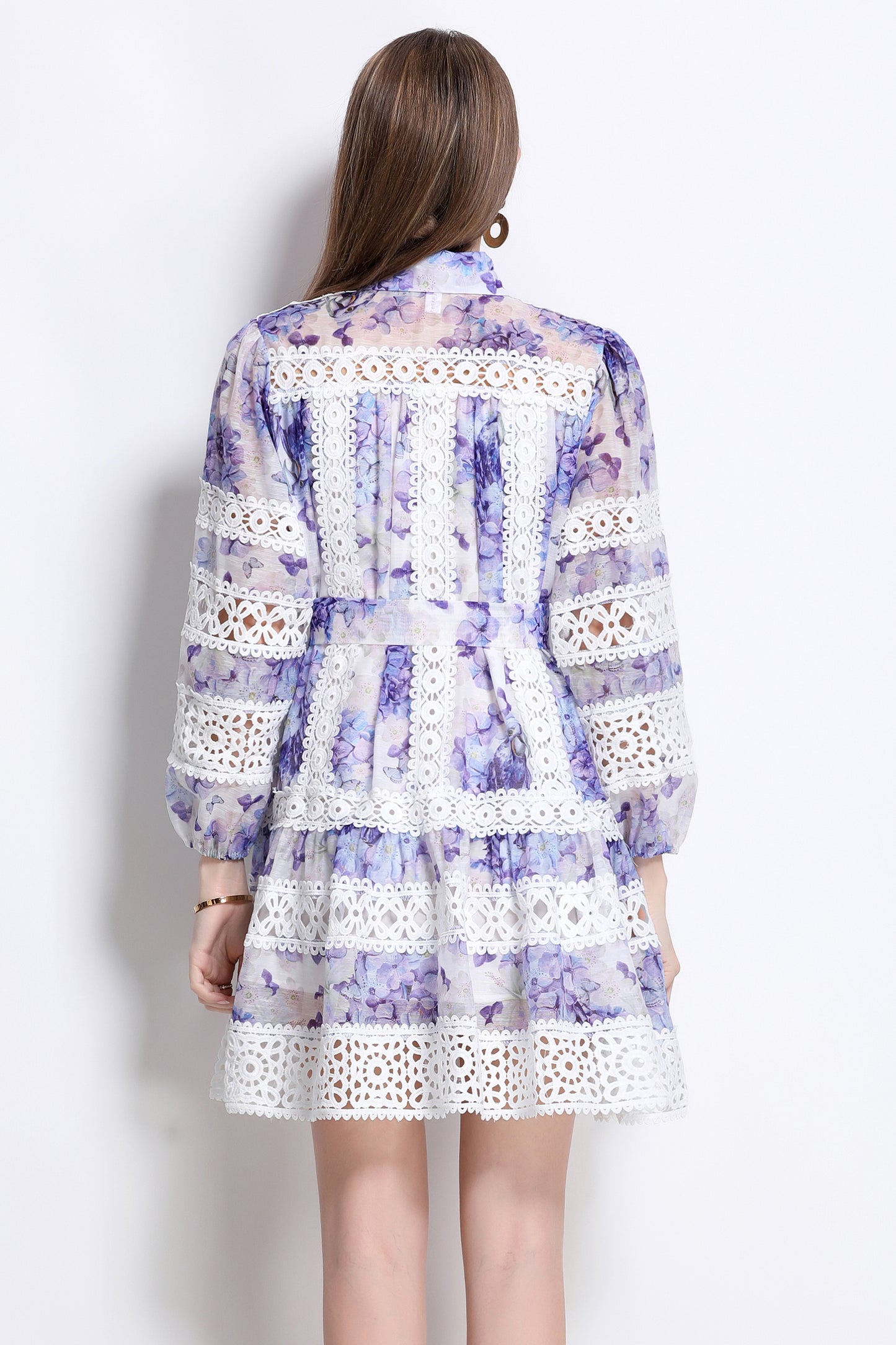 Women's Puff Sleeves Lace Print Hollow Mini Dress