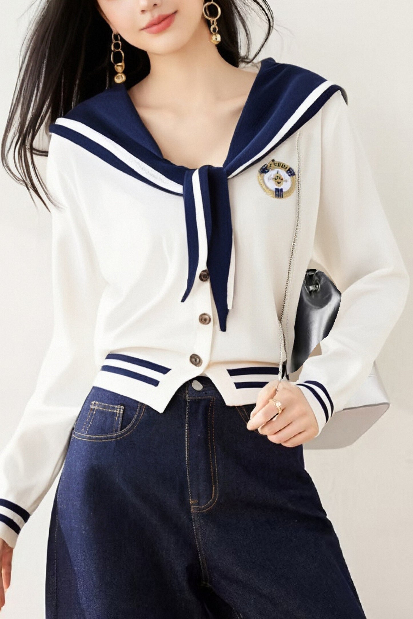 Women's Sailor Collar Long Sleeve Stripe Cardigan Sweater
