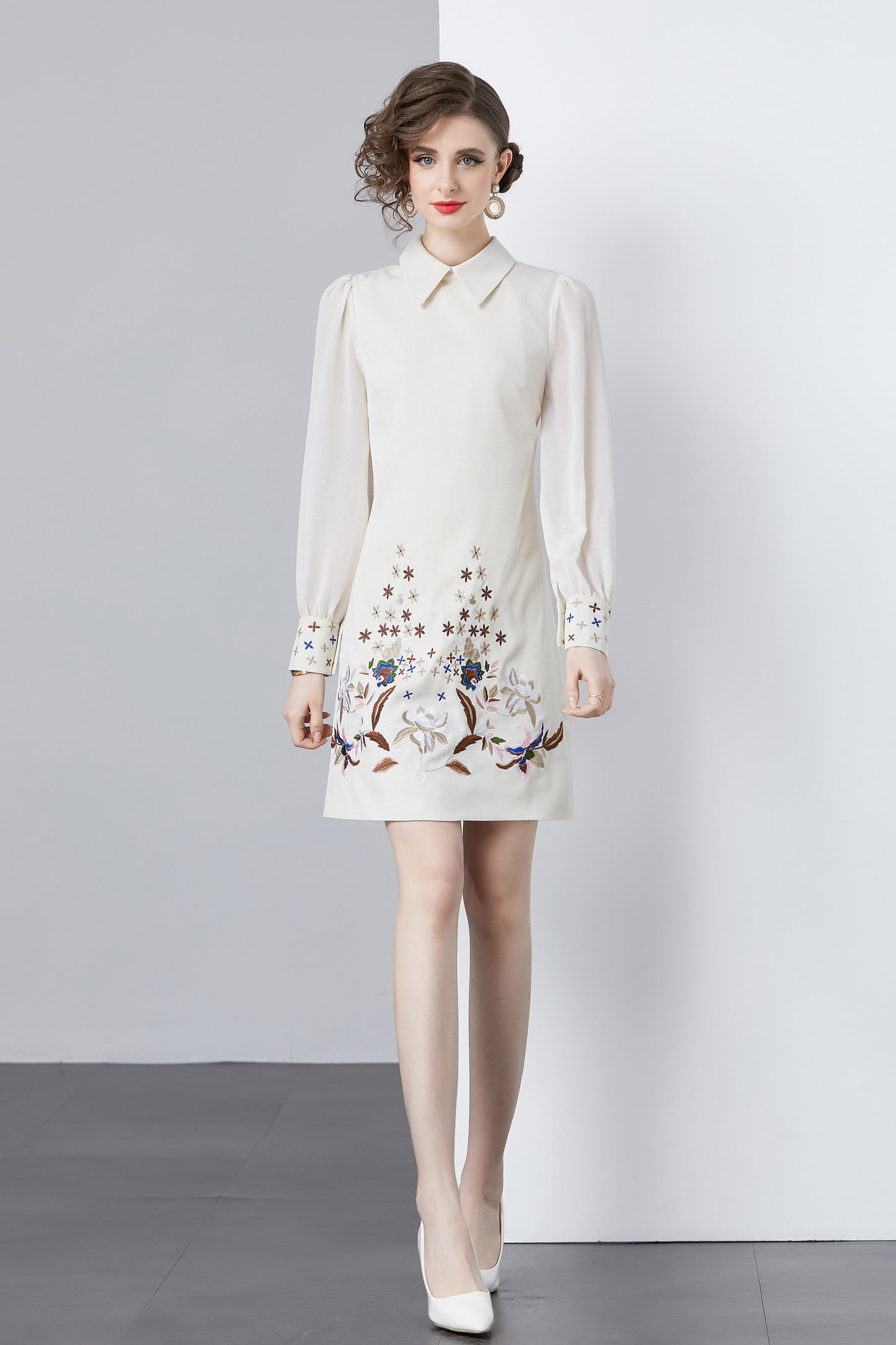 Vintage Women's Elegant Embroidered Hight Neck Mini Dress - LAI MENG FIVE CATS