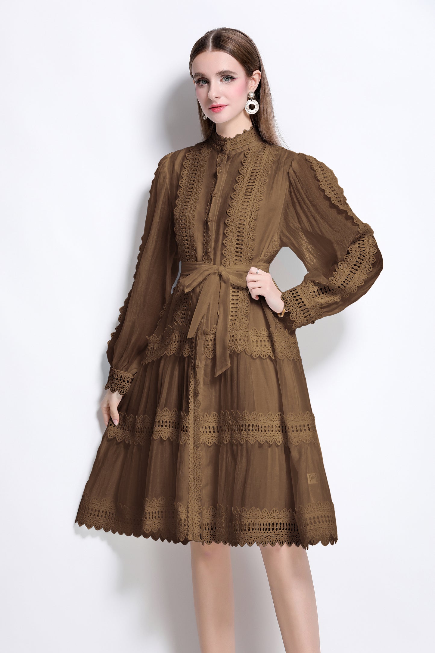 Women's Hollow Lace Lantern Sleeves Midi Dress