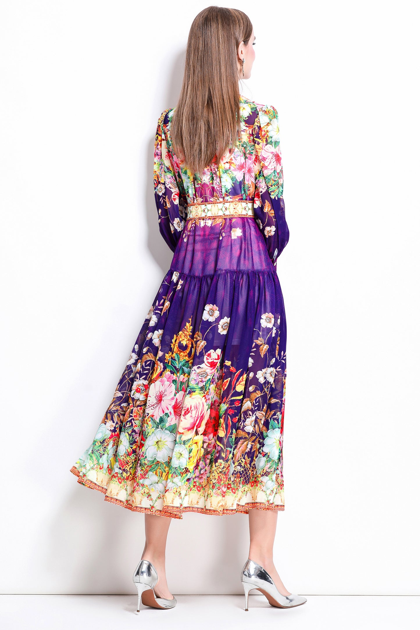 Women Floral Print Puff Sleeve Split Sheer Maxi Dress