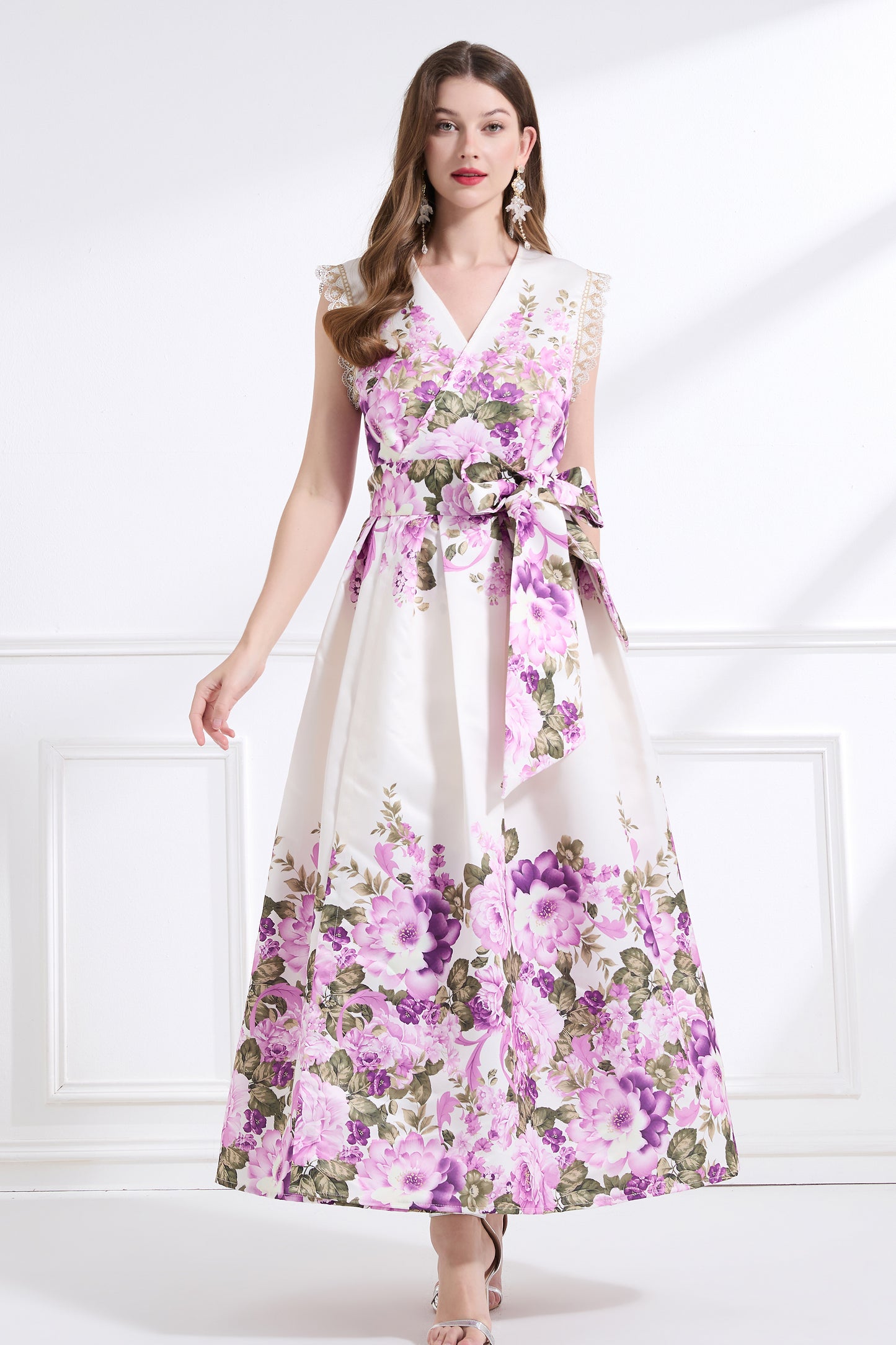 Women's Wrap Floral V-Neck Lace Maxi Dress