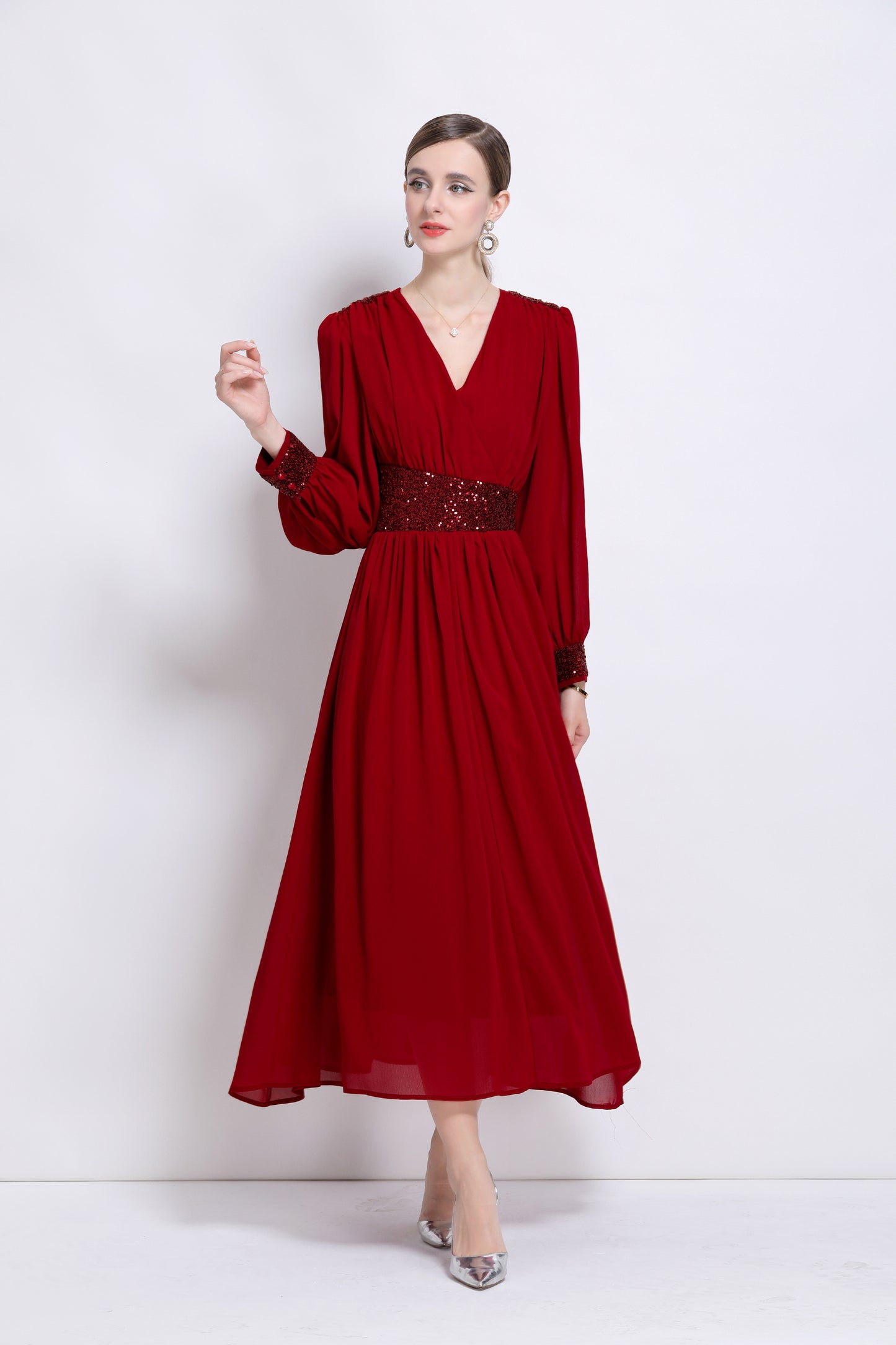 Women's Sequin V-Neck Chiffon Mixi Dresses