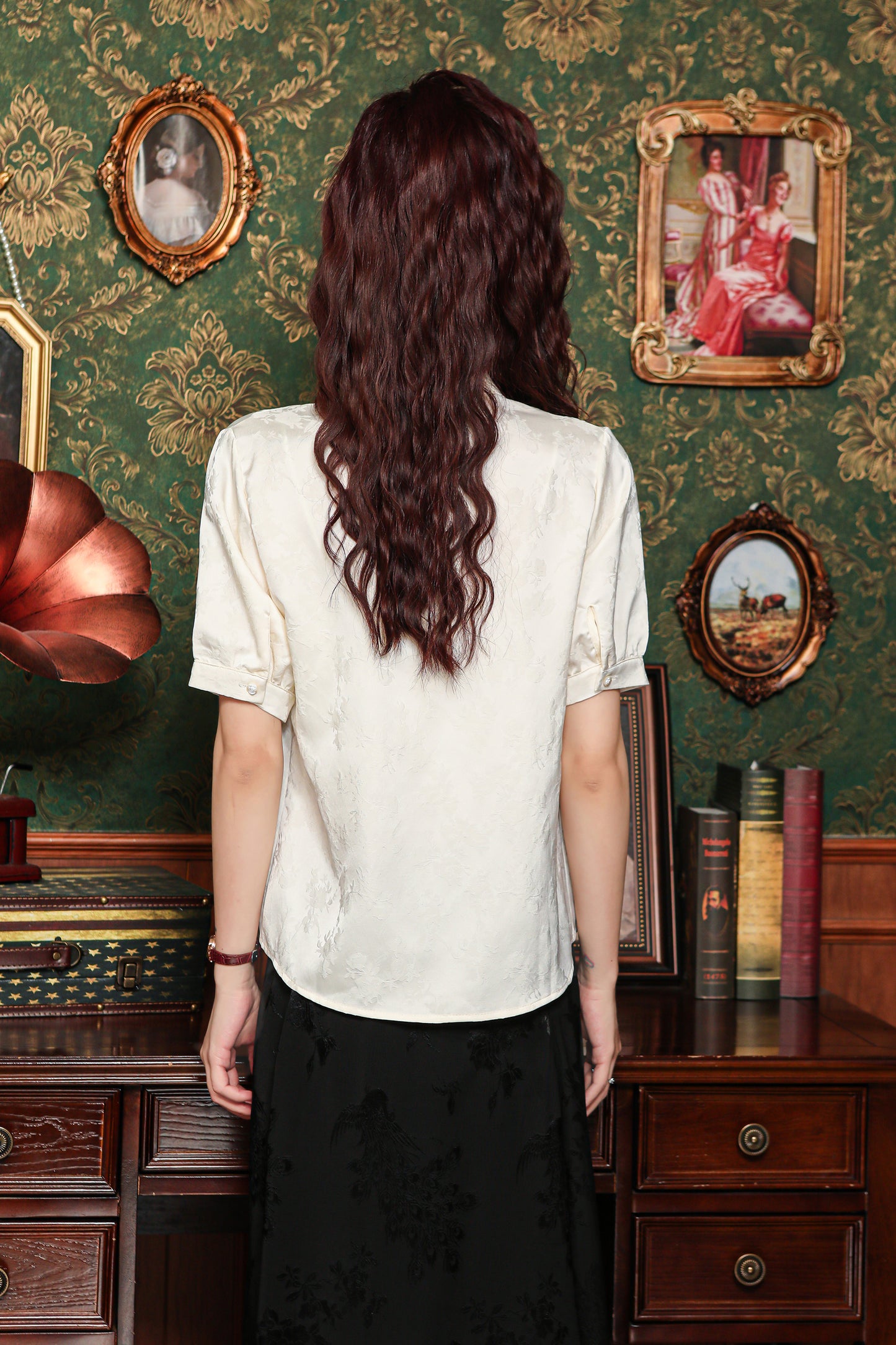 Women's Silk Satin Embroidery Jacquard Blouse Tops