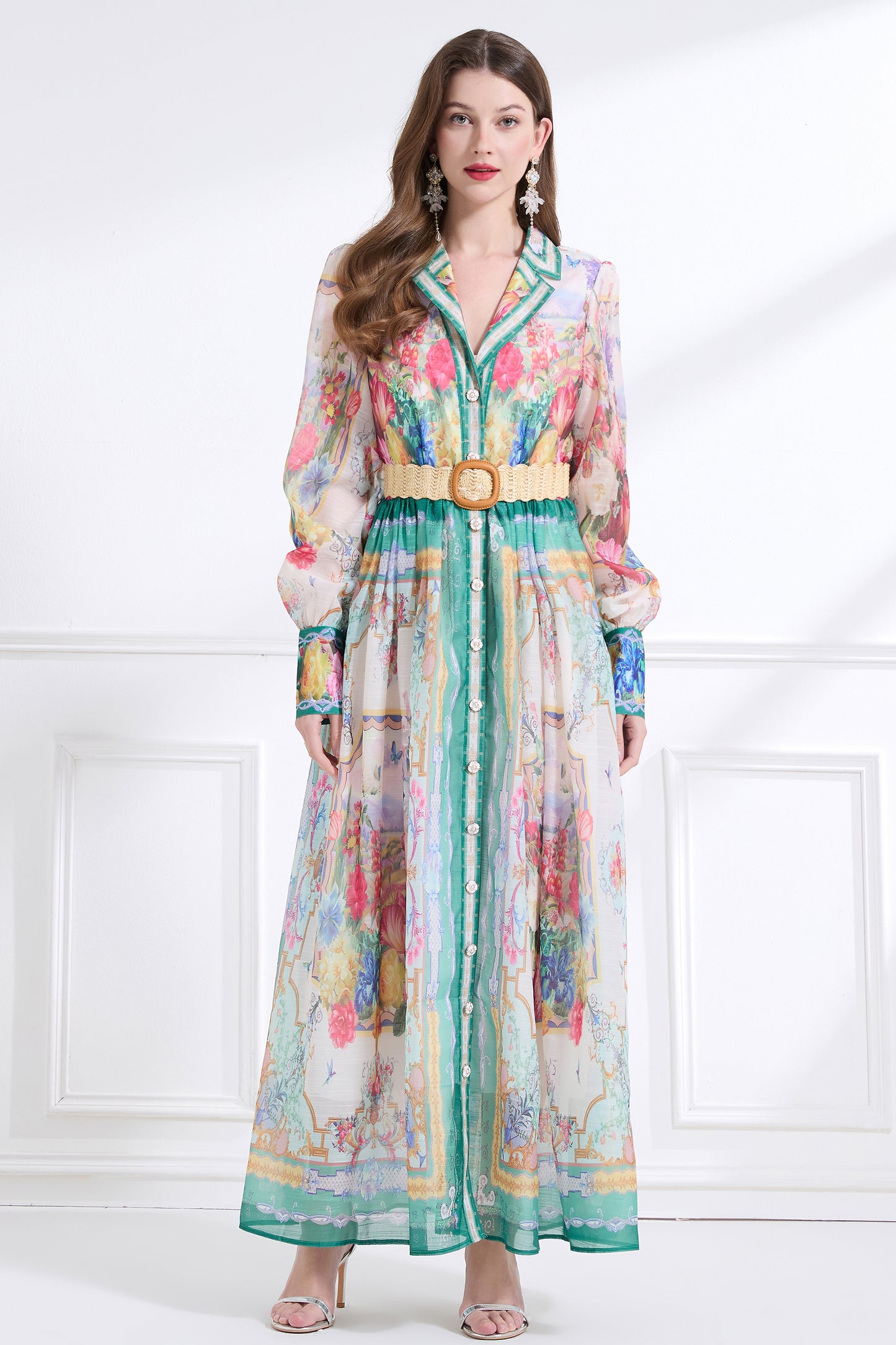 Women's Floral Print V Neck Puff Sleeve Maxi Dress