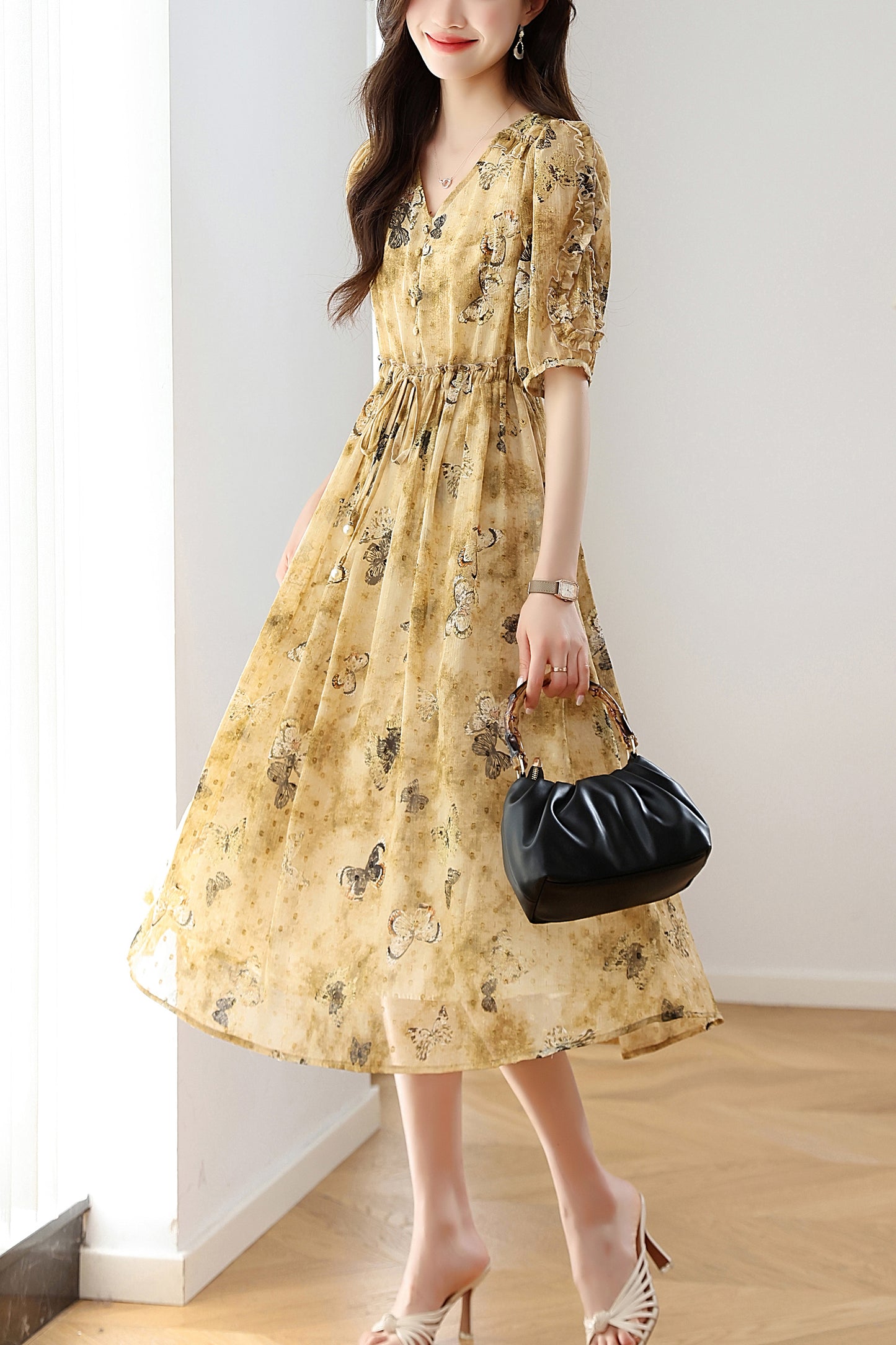 Women's Chffion V-Neck Floral Print Midi Dress