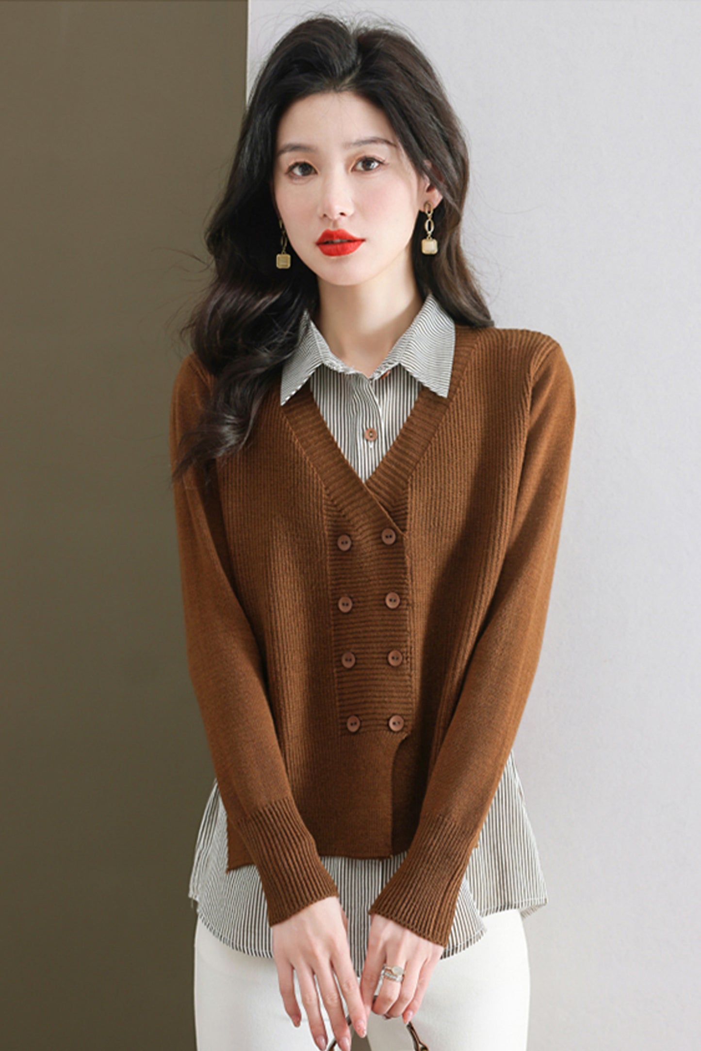 Women's Casual Patchwork Shirt Collar Long Sleeve Cotton Pullover Tops - LAI MENG FIVE CATS