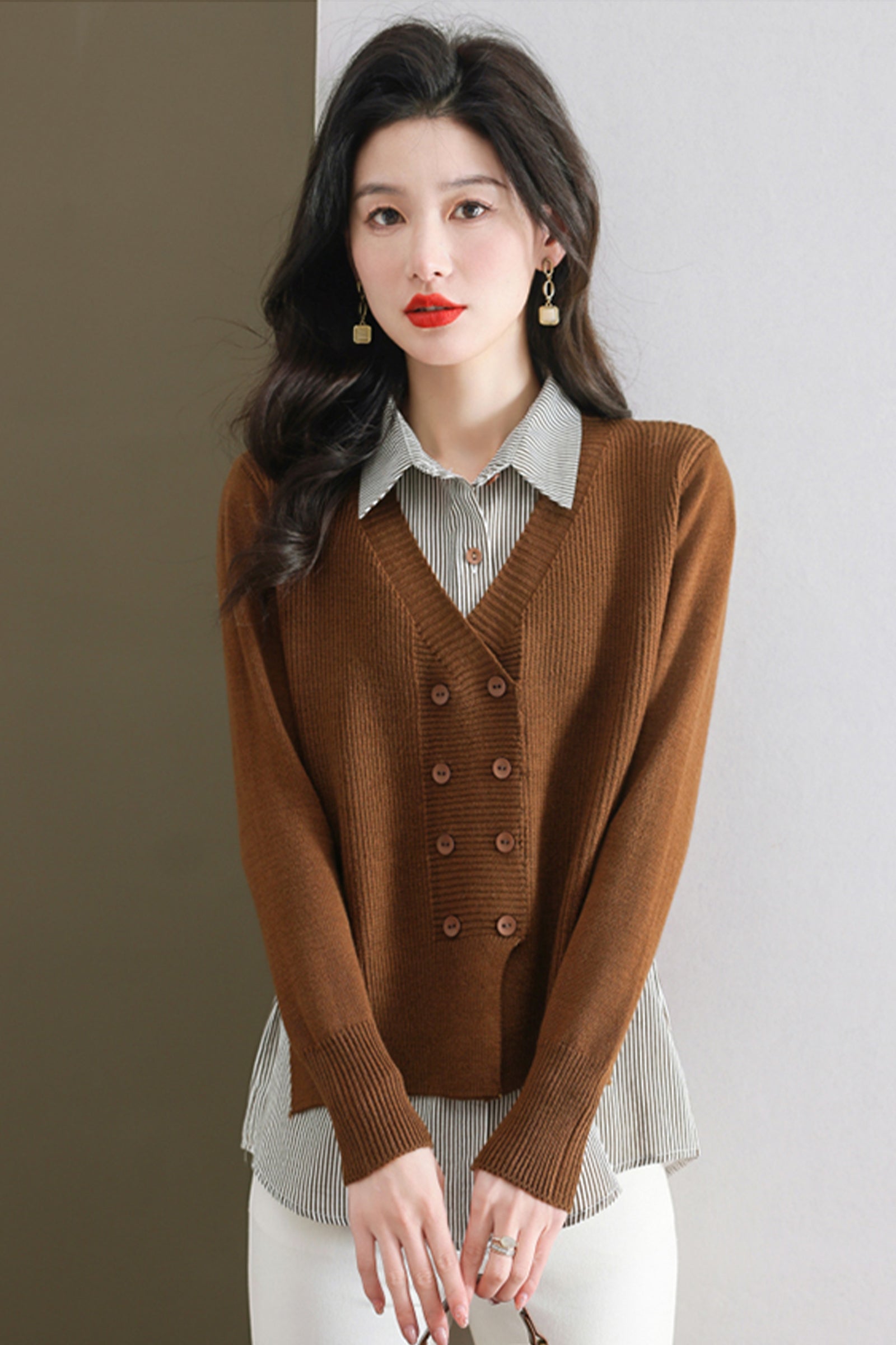 Women's Casual Patchwork Shirt Collar Long Sleeve Cotton Pullover Tops - LAI MENG FIVE CATS