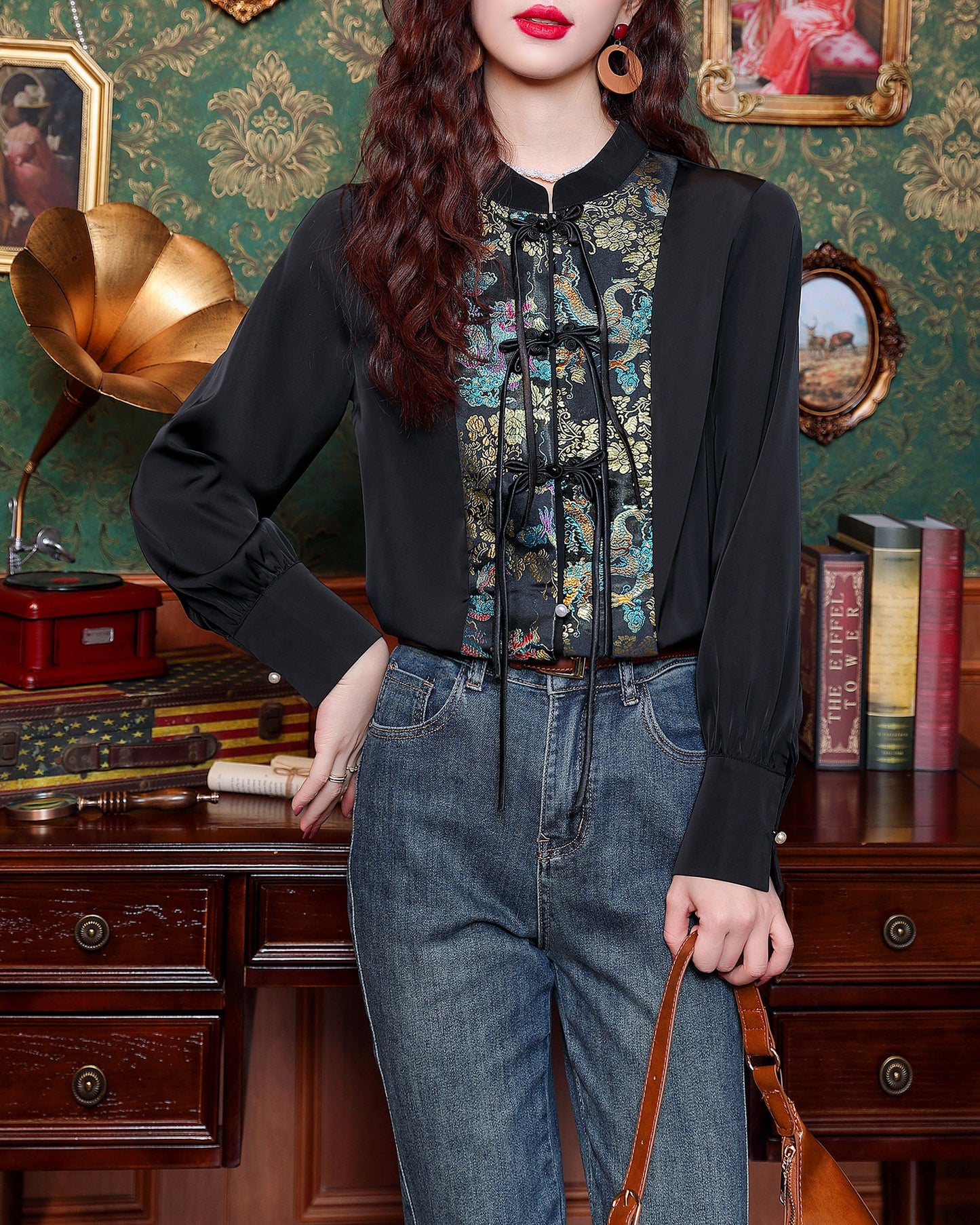Women's Vintage chinese Silk Satin Top Embroidery Jacquard Blouses - LAI MENG FIVE CATS