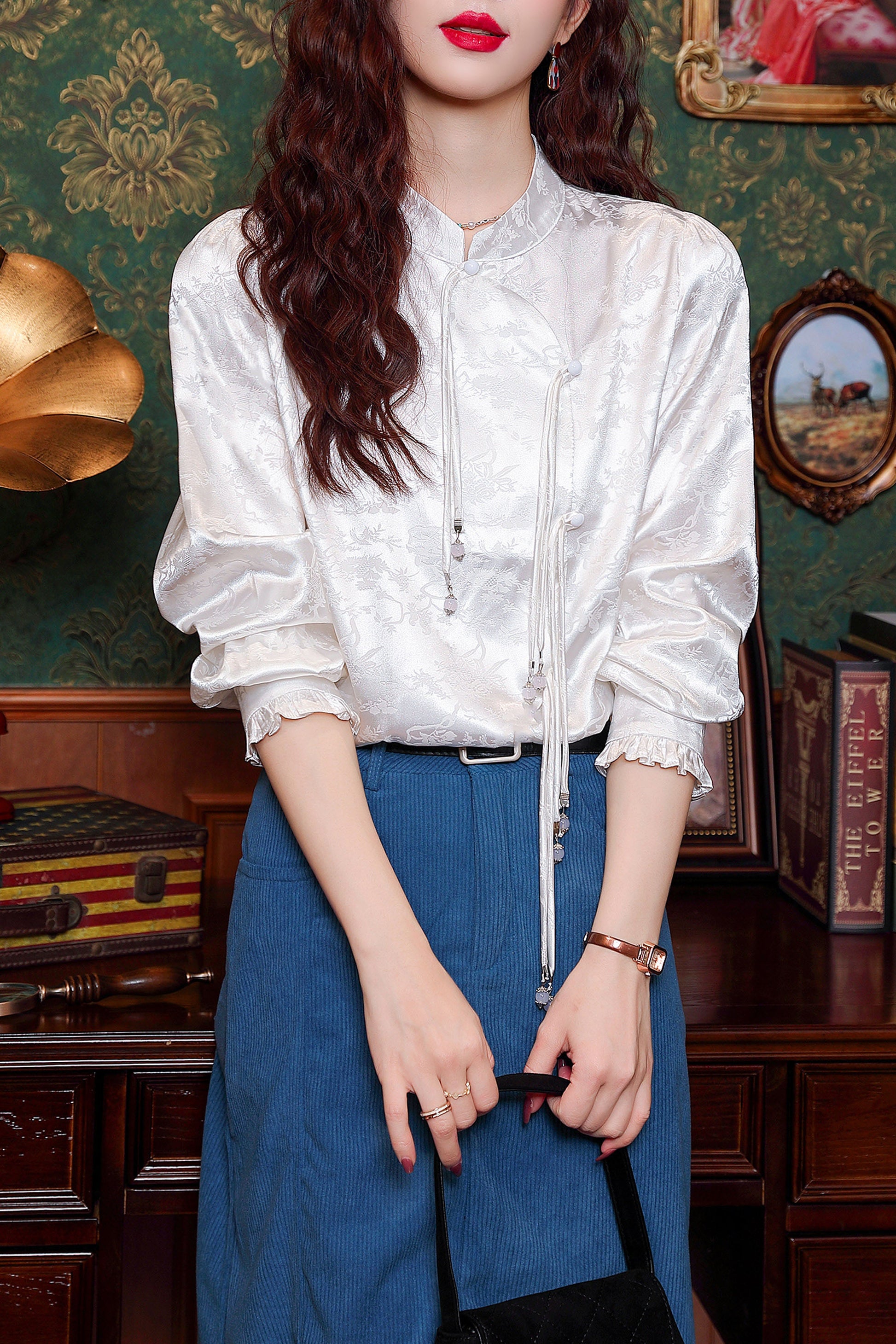 Women's Vintage chinese Silk Satin Top Embroidery Jacquard Blouses - LAI MENG FIVE CATS
